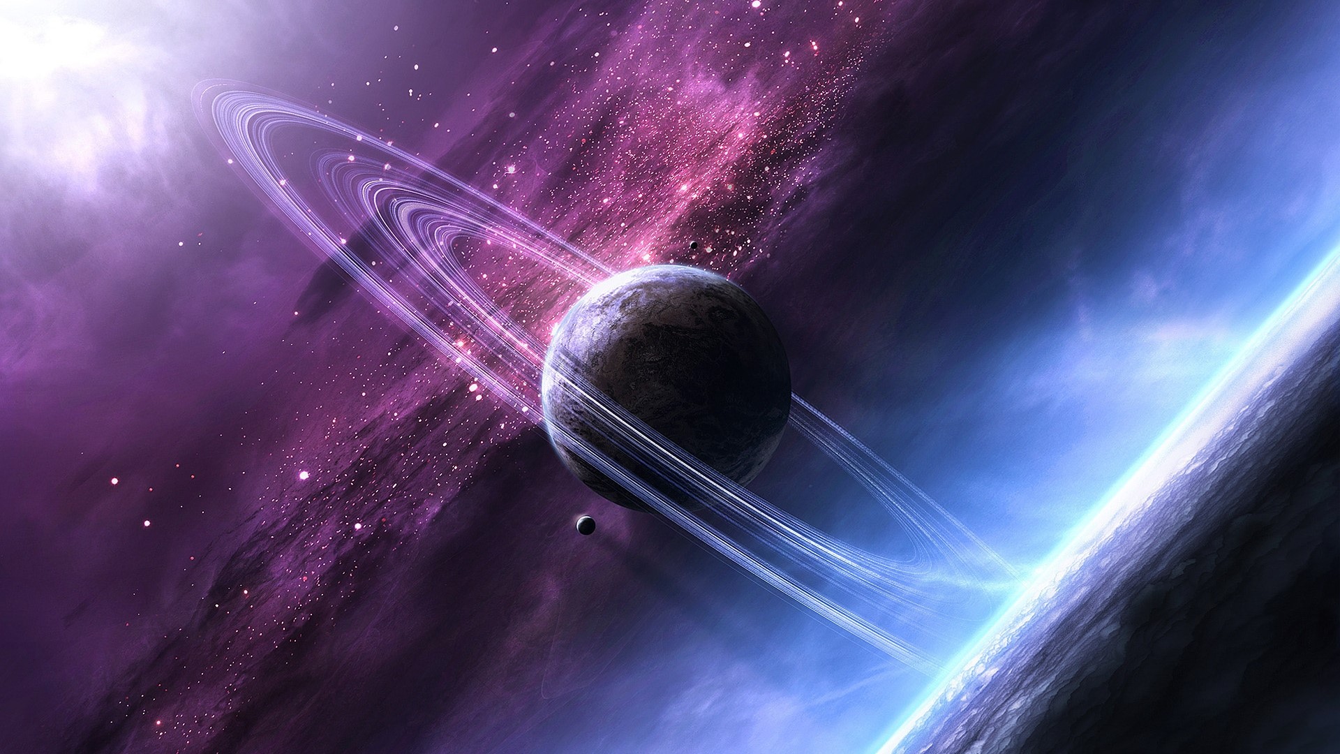 Planet with rings and moon in nebula HD Wallpaper