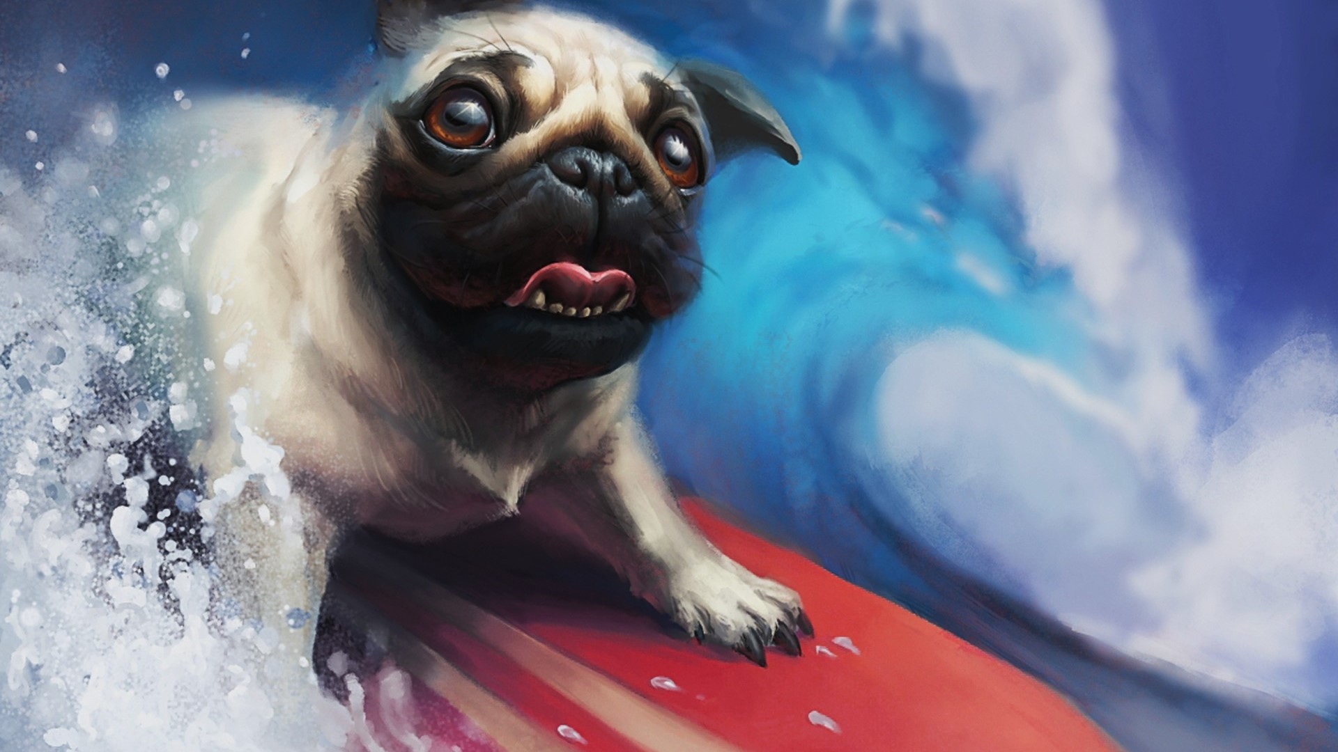 A pug surfs on a red surfboard in a wave HD Wallpaper