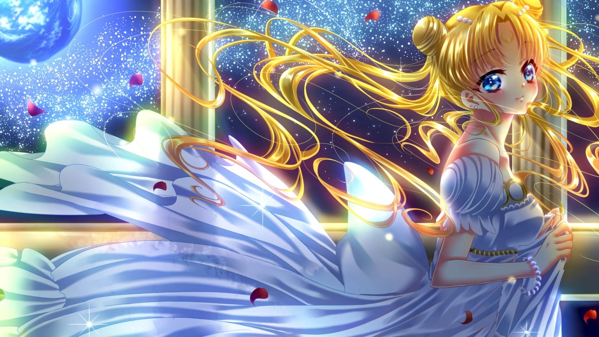 Sailor Moon in a white dress with flowing hair HD Wallpaper