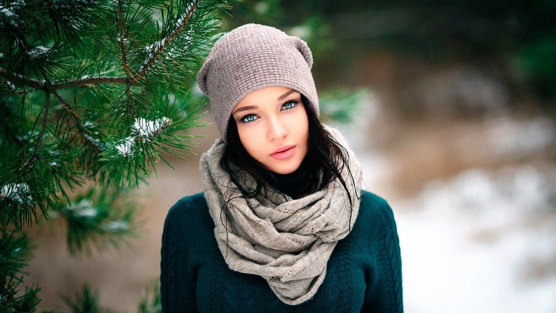 Girl in a forest with pine trees HD Wallpaper