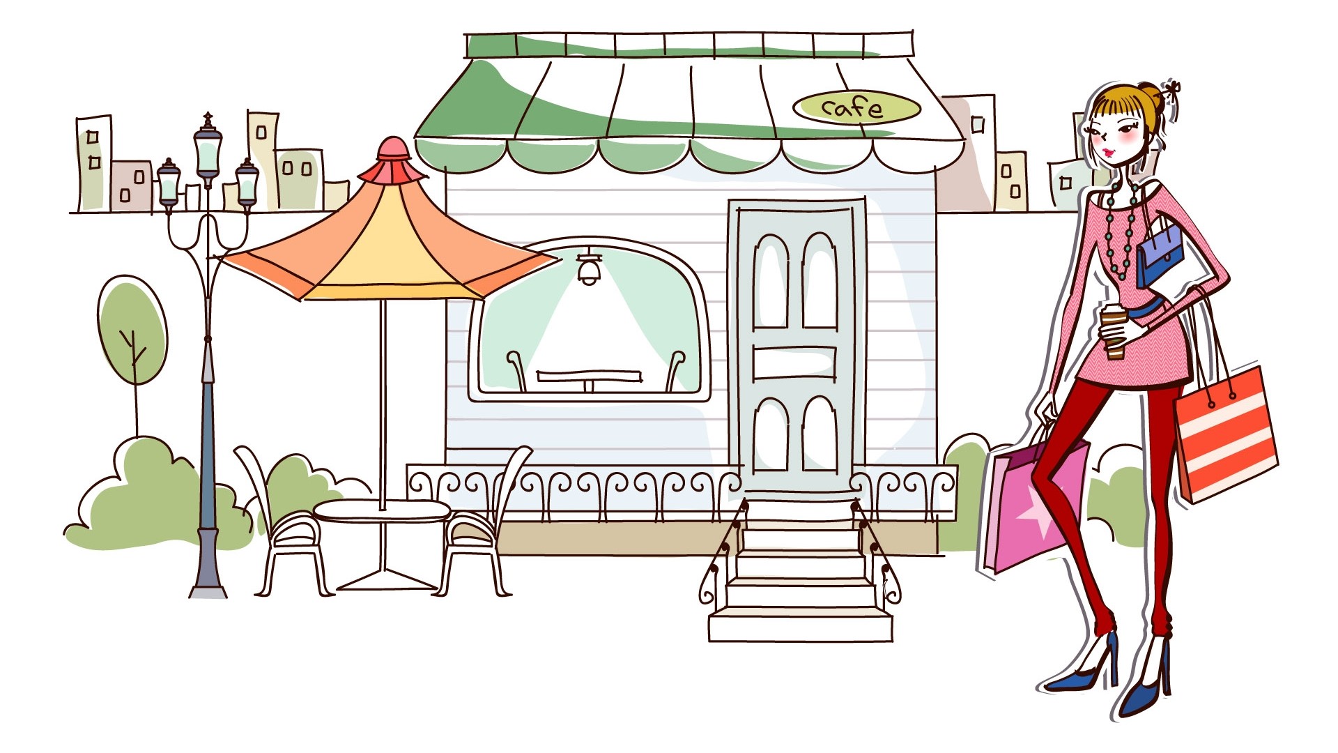 Girl with Shopping Bags Outside Cafe HD Wallpaper