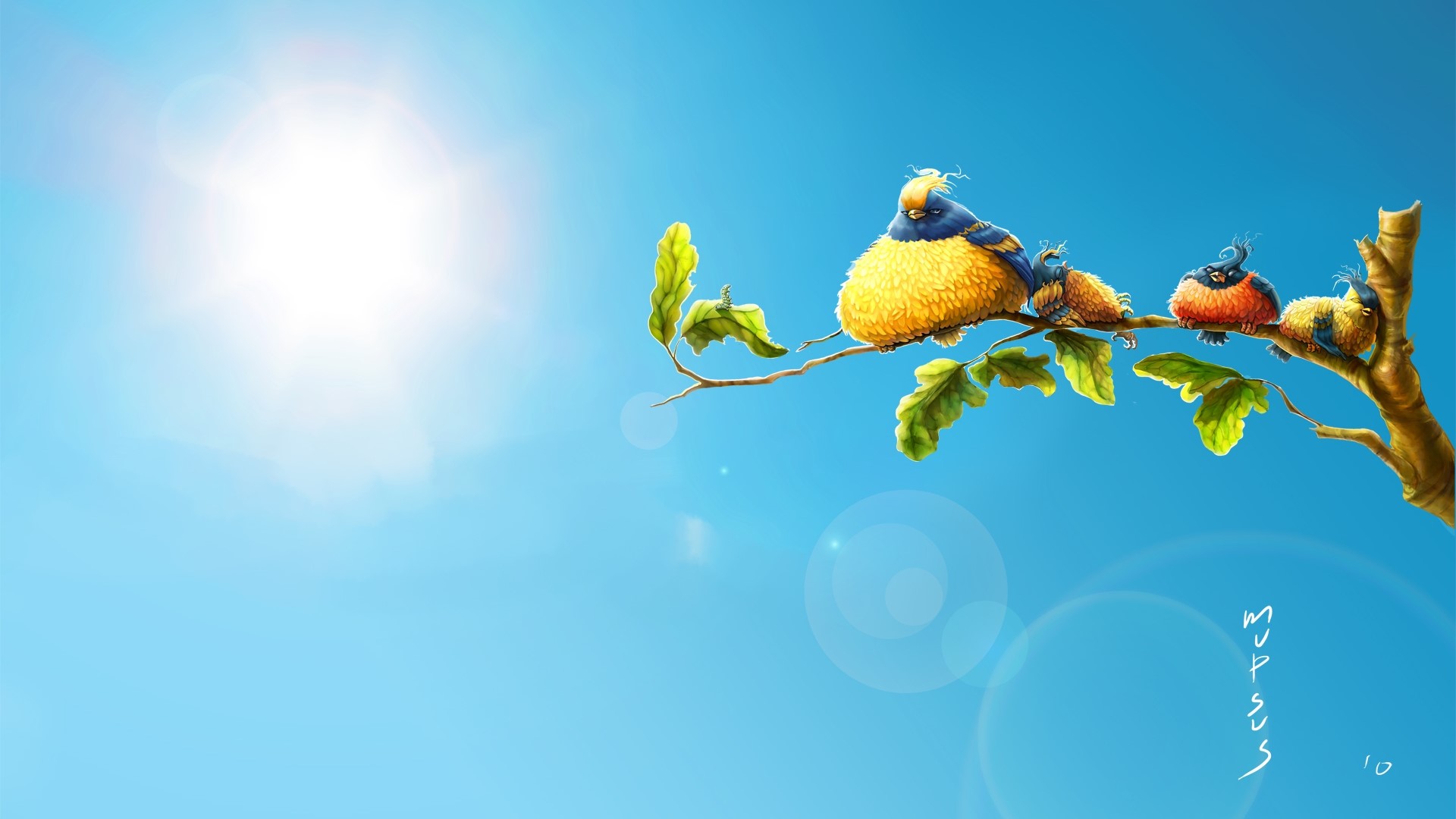 Four cartoon birds on a branch under the sun HD Wallpaper