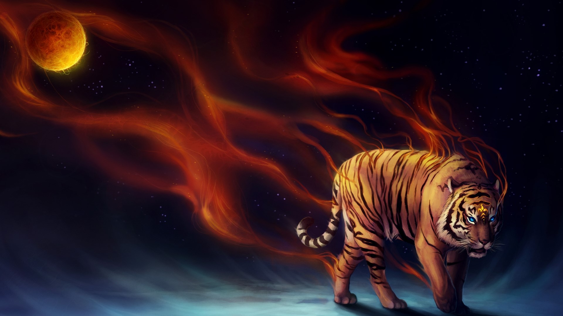 Tiger with fiery mane and planet HD Wallpaper