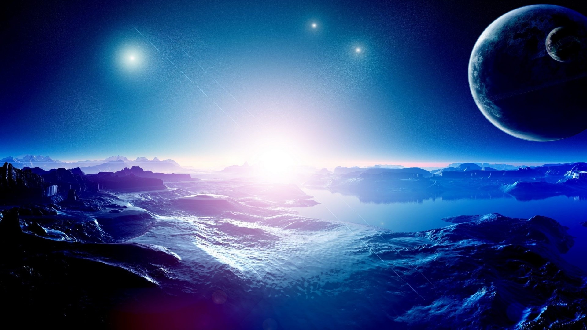 Alien Planet Landscape with Two Moons and Bright Star HD Wallpaper