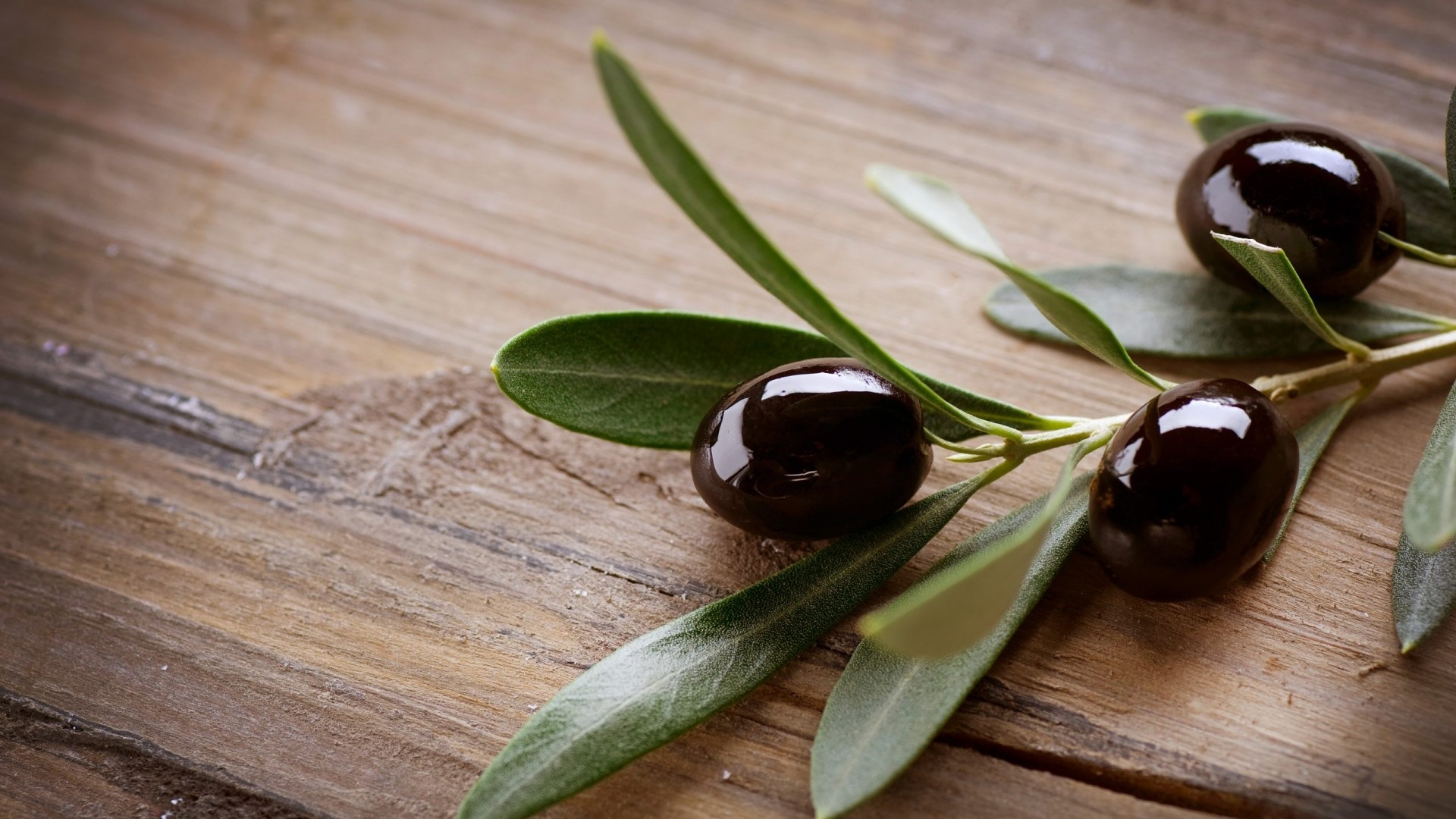 Olive branch with black olives on wooden surface HD Wallpaper