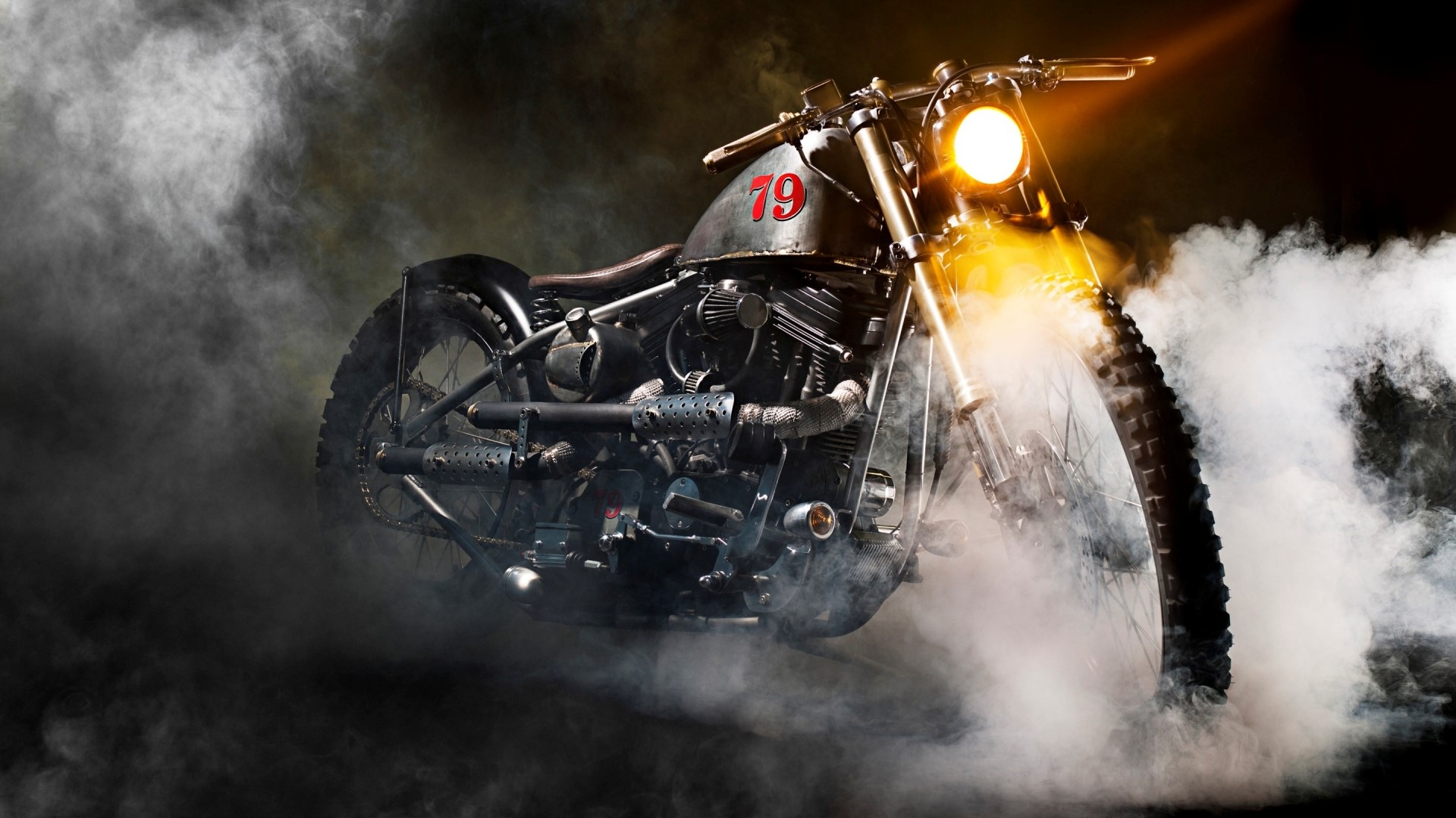 Custom motorcycle with number 79 in smoke HD Wallpaper