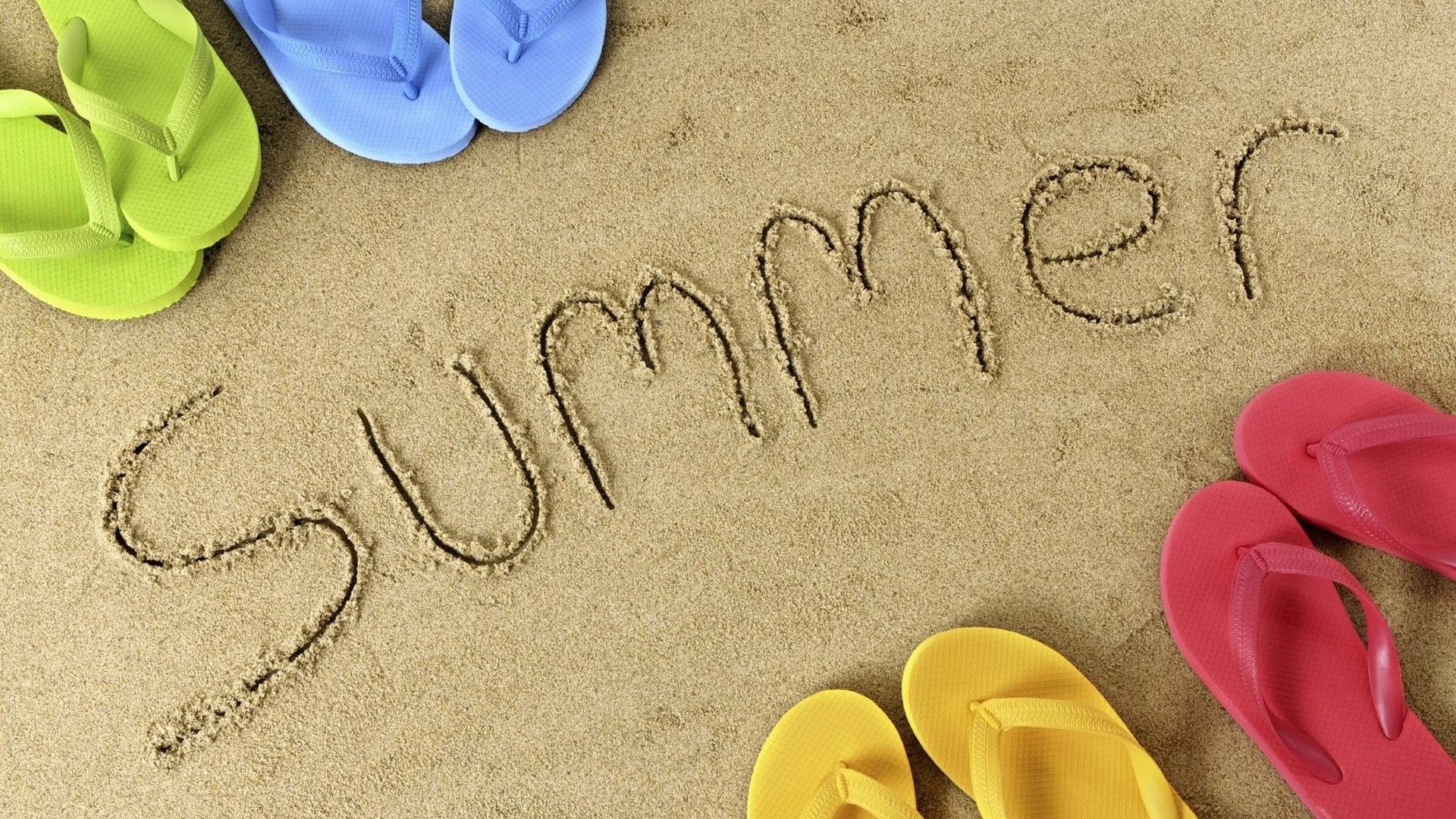 Summer written in sand with flip-flops HD Wallpaper