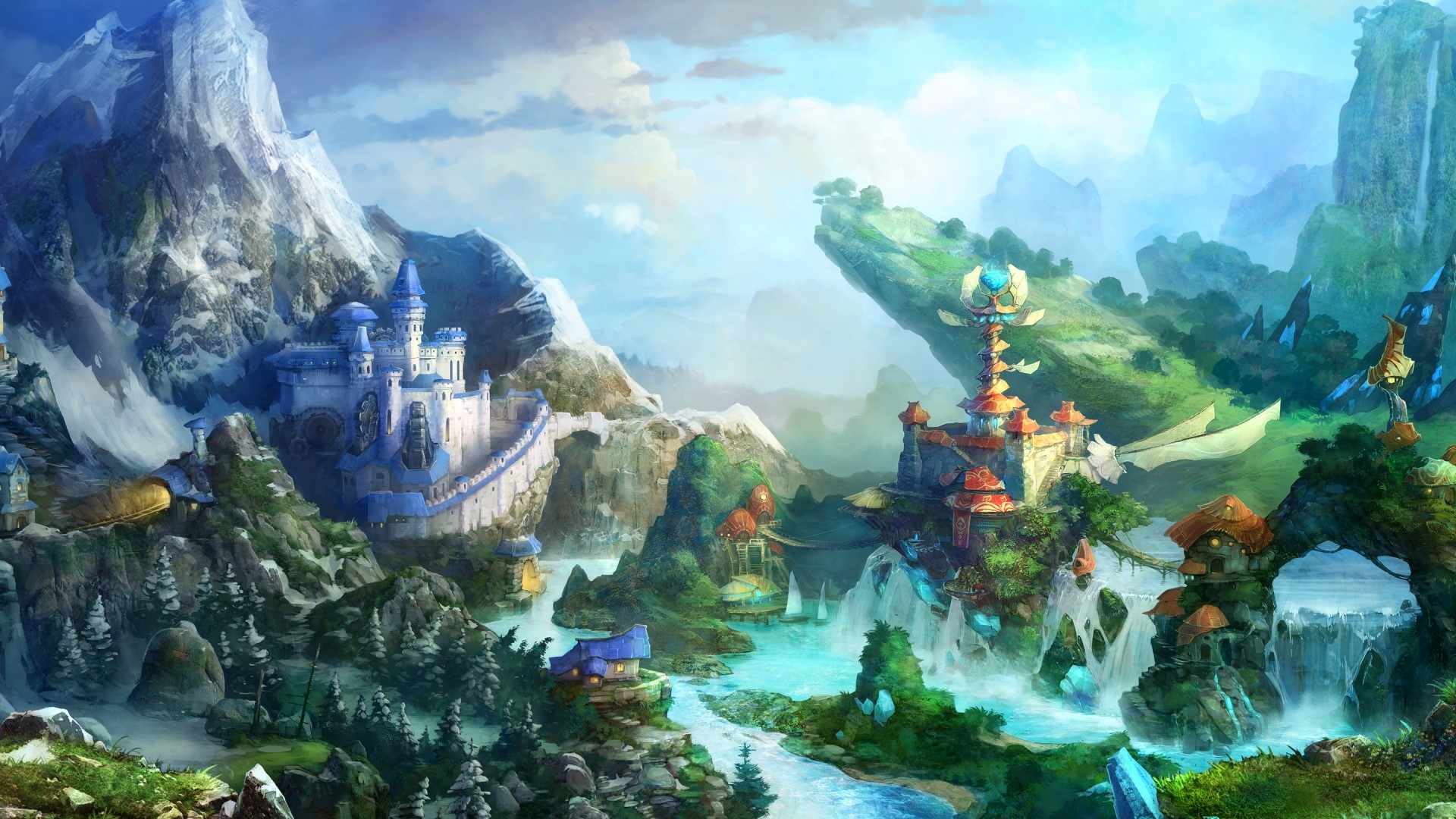 Fantasy landscape with castles and mountains HD Wallpaper