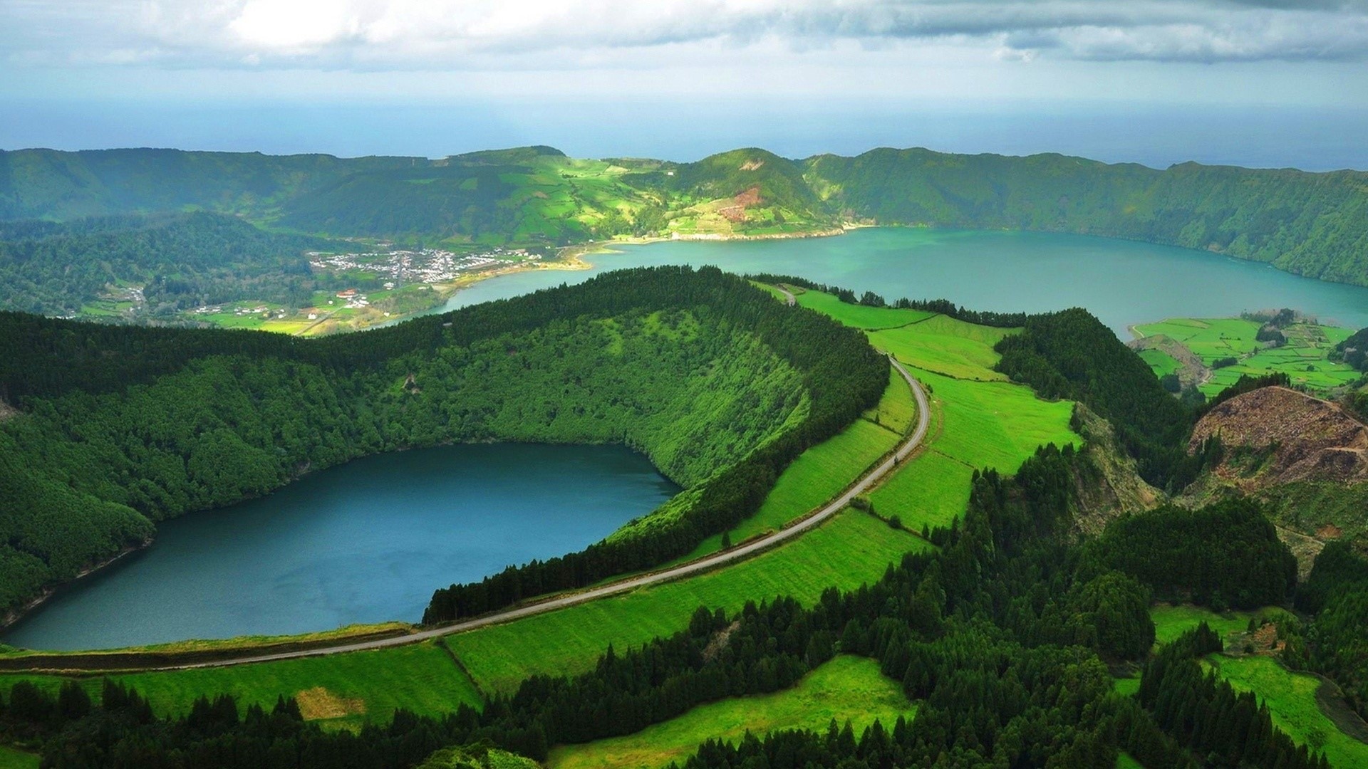 Volcanic Crater Lakes with Green Hills and Ocean HD Wallpaper
