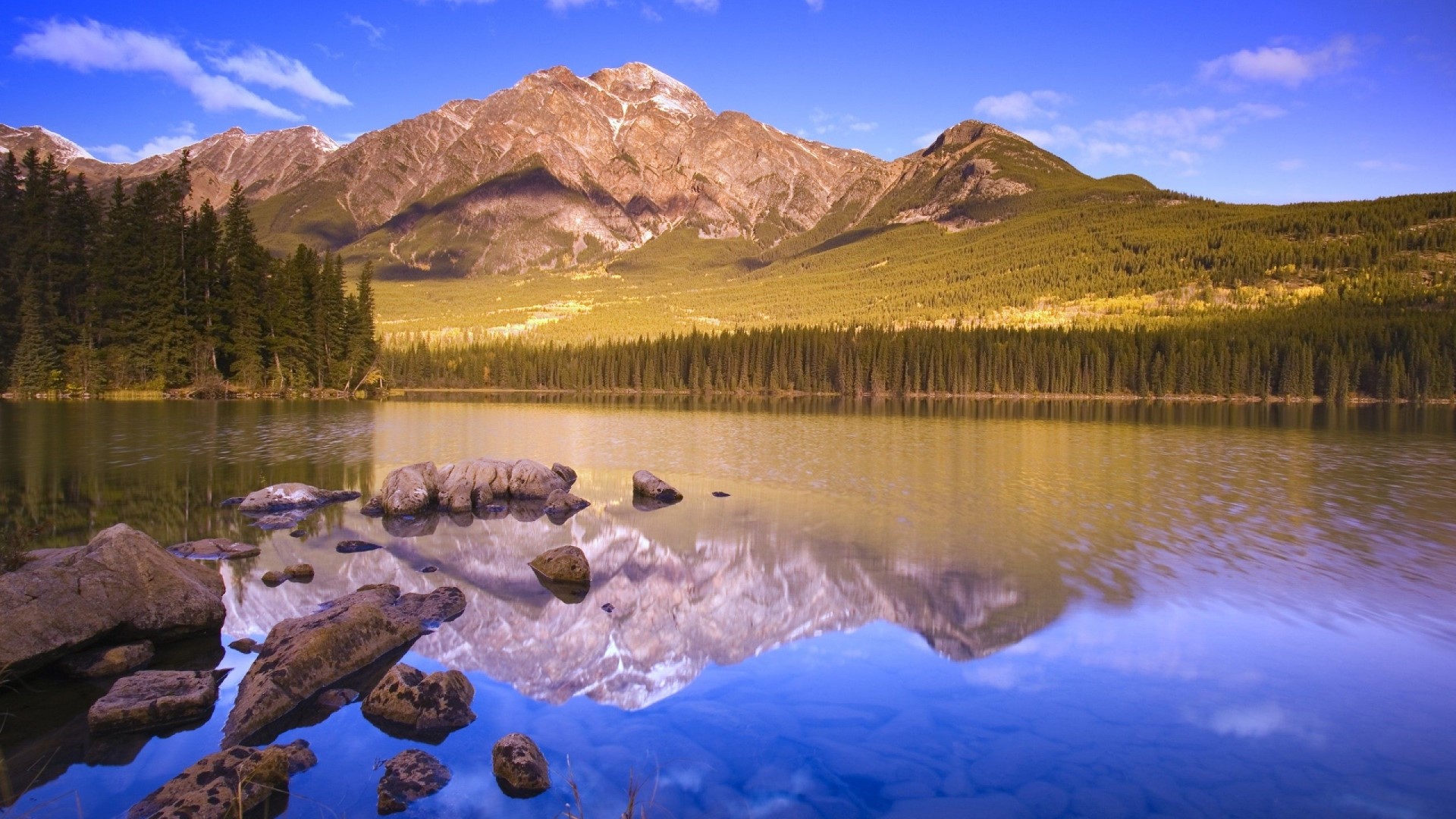 Lake with Mountains and Forest Landscape HD Wallpaper