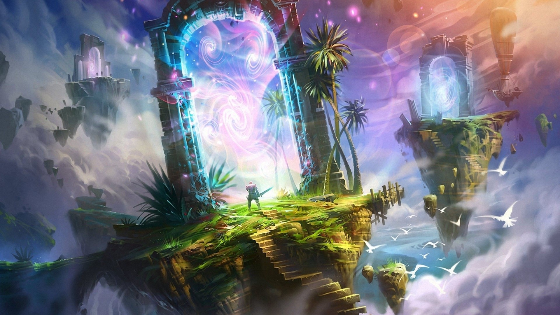 Fantasy world with floating islands and magical portals HD Wallpaper