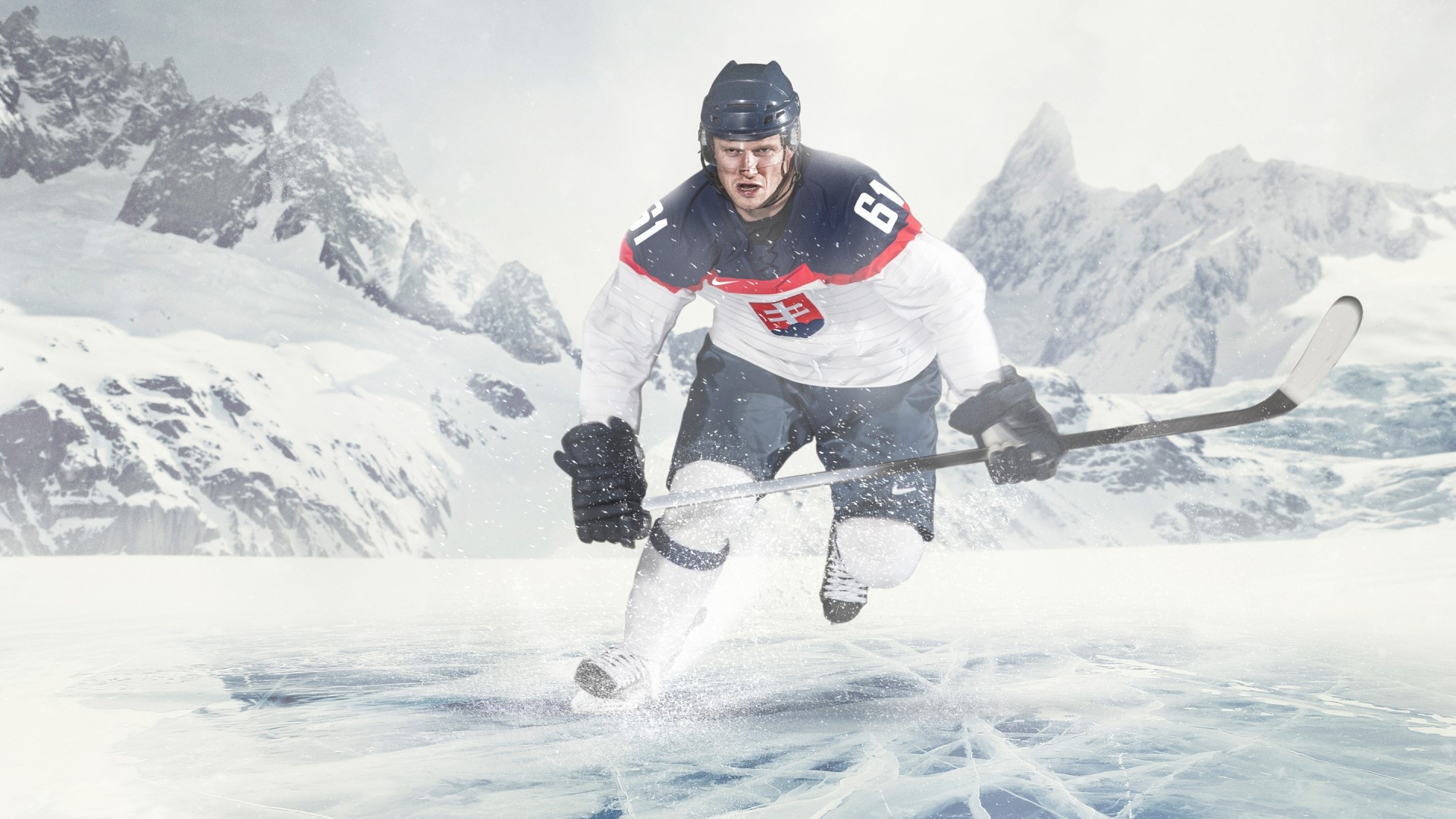 Ice hockey player in Slovakian uniform on icy terrain HD Wallpaper