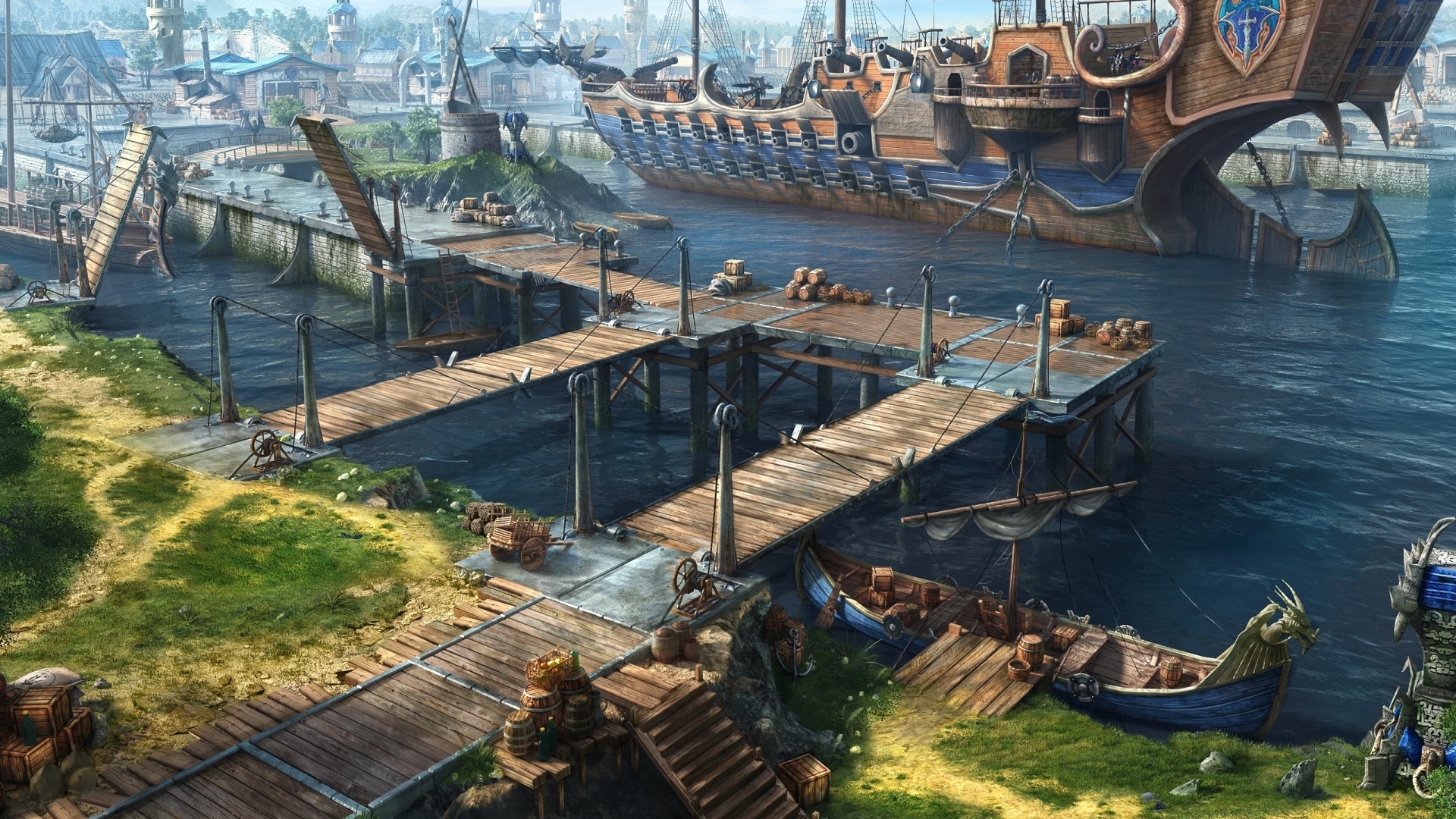 Old Game Port with Ship and Docks HD Wallpaper