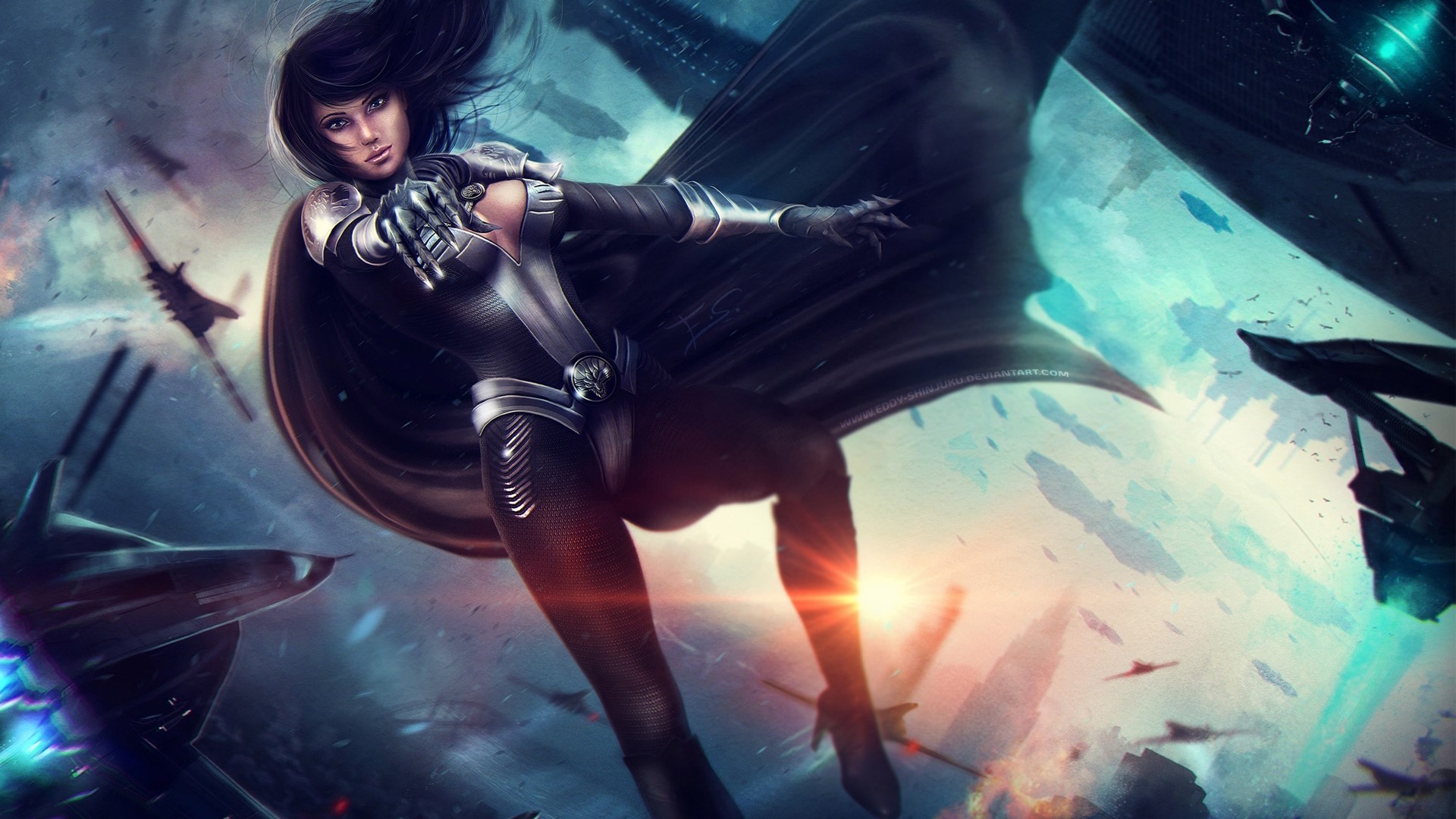 Woman in sci-fi armor in space battle HD Wallpaper
