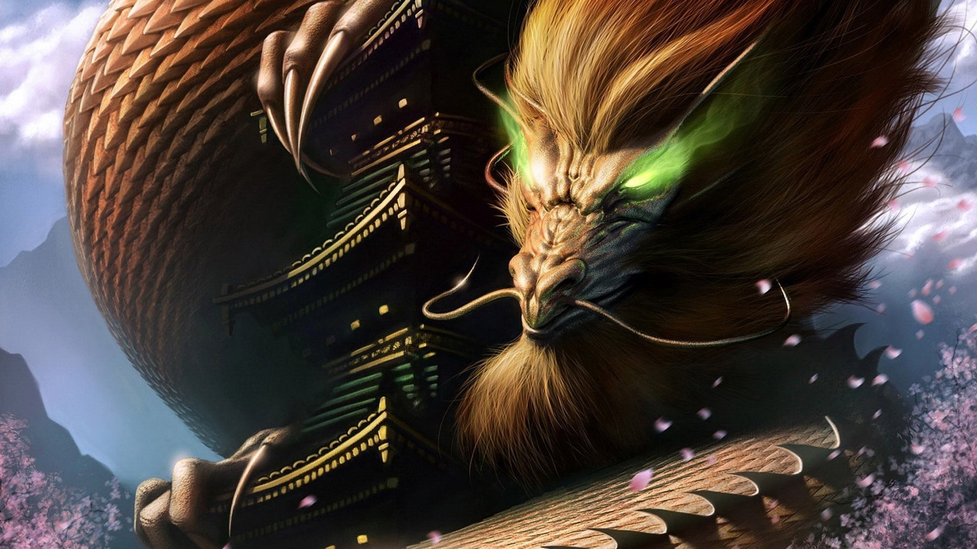 Chinese Oriental Dragon with Pagoda HD Wallpaper