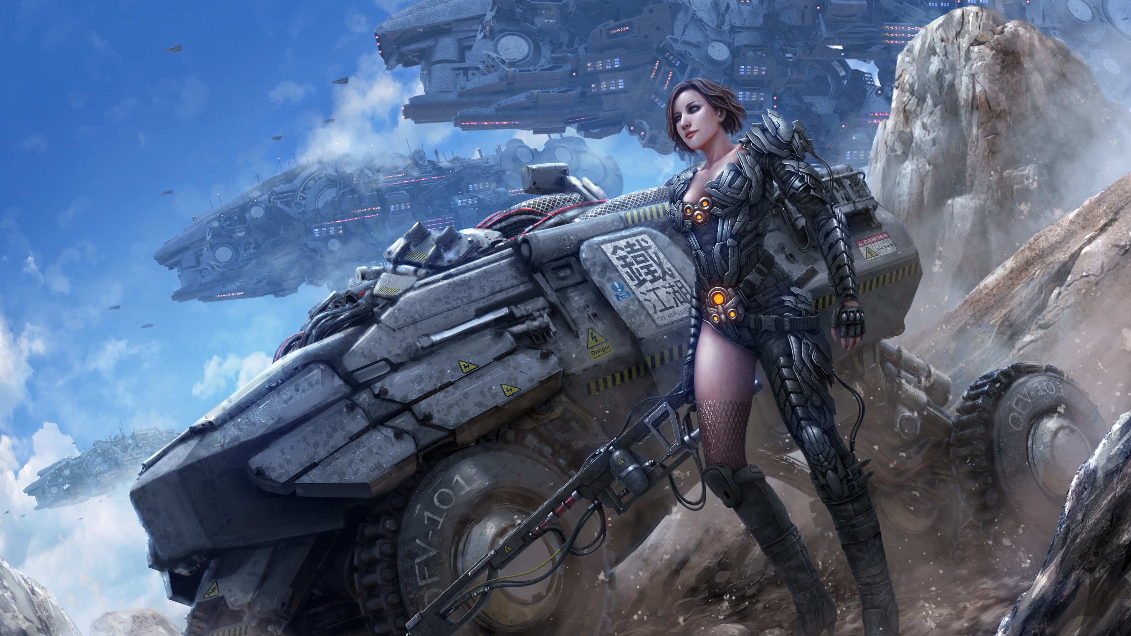 4K Soldier with Futuristic Vehicle and Spaceships HD Wallpaper
