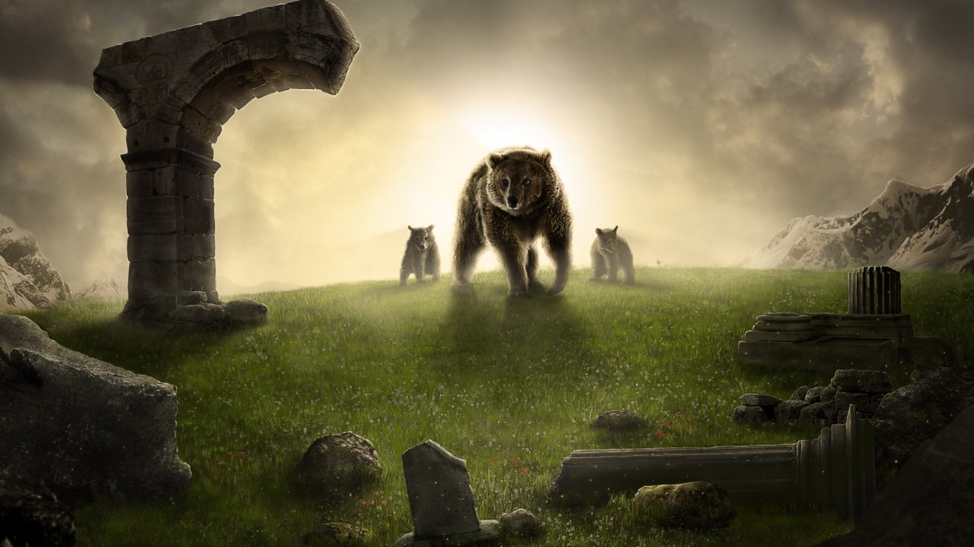 Bear family in ancient ruins HD Wallpaper