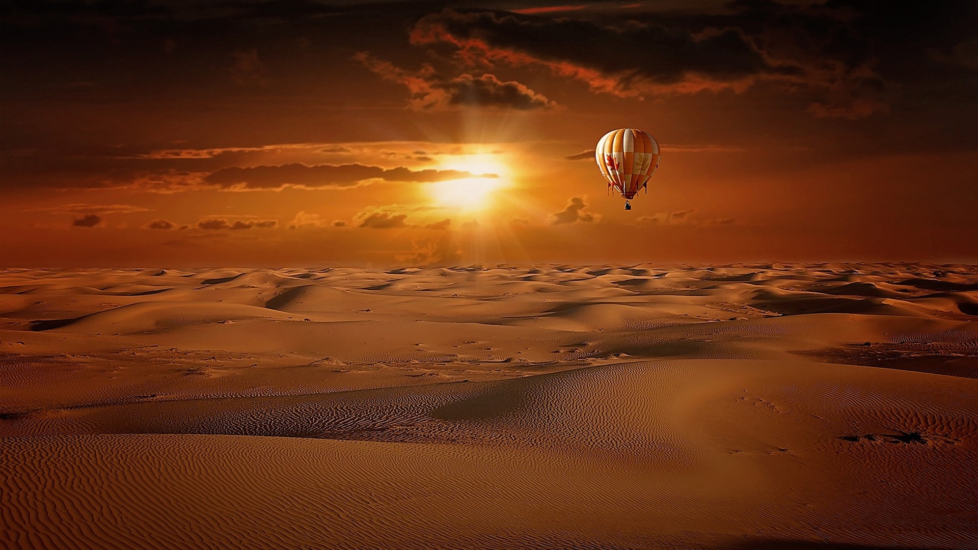 Hot Air Balloon over Desert at Sunrise HD Wallpaper