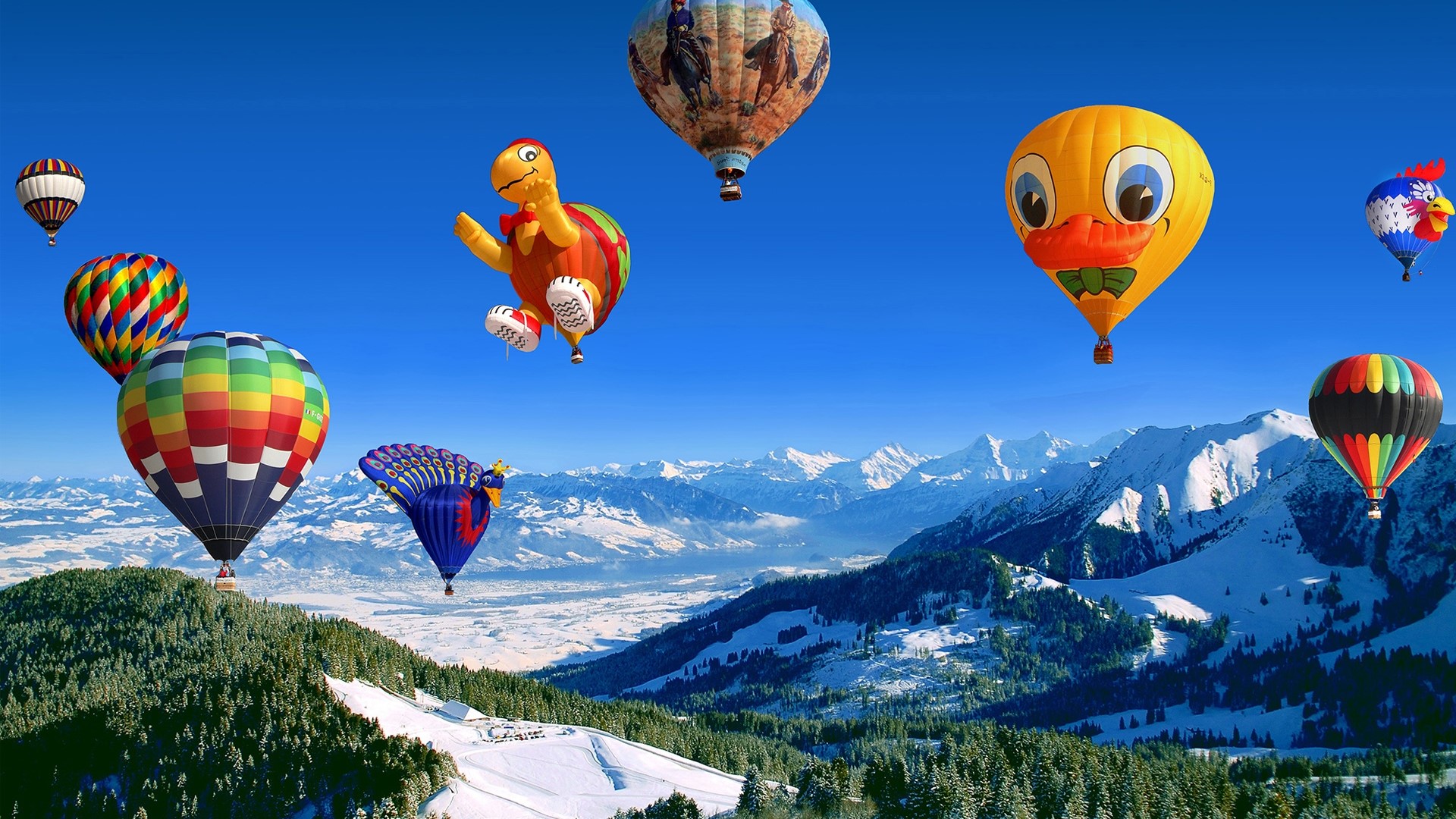Hot Air Balloon Festival Over Snowy Mountains HD Wallpaper