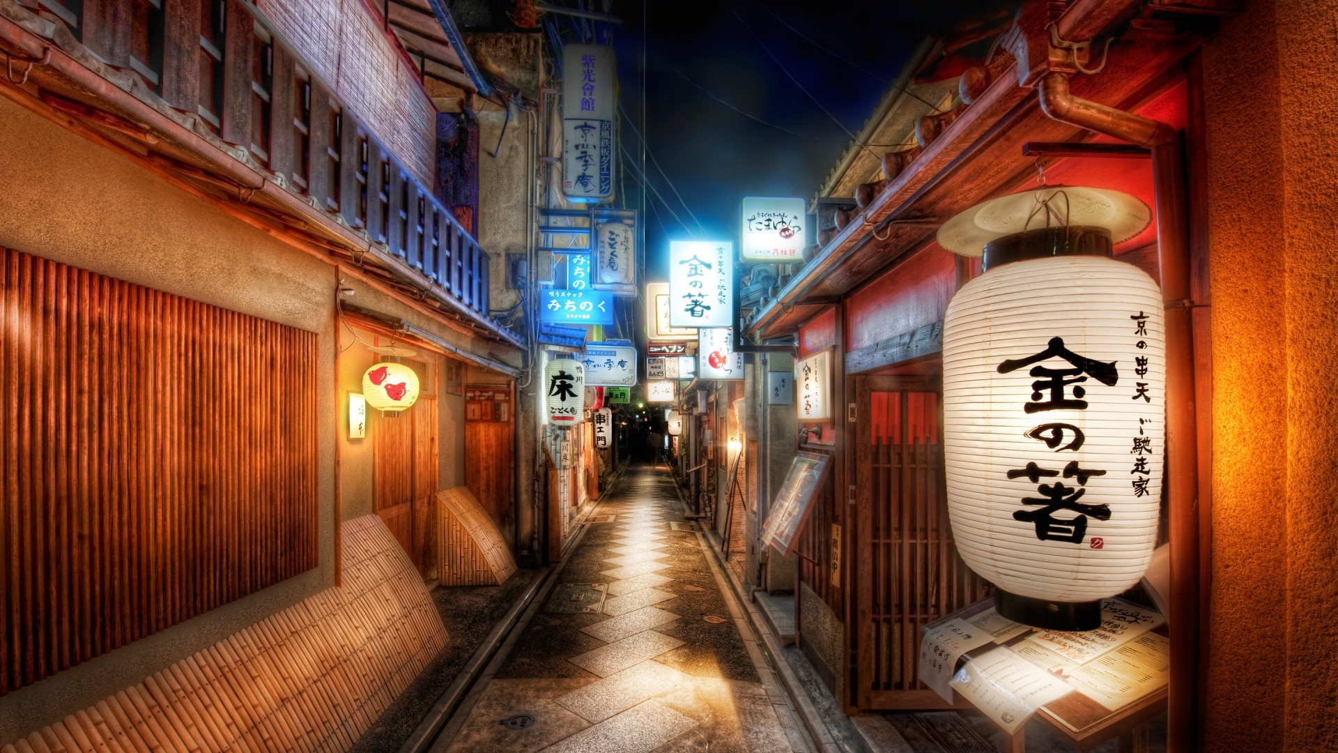 Japanese alleyway with lanterns and signs at night HD Wallpaper
