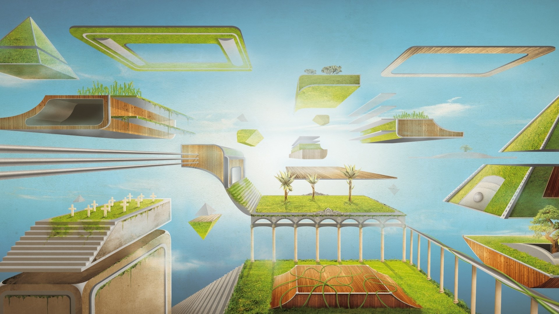Floating islands with gardens and futuristic architecture HD Wallpaper
