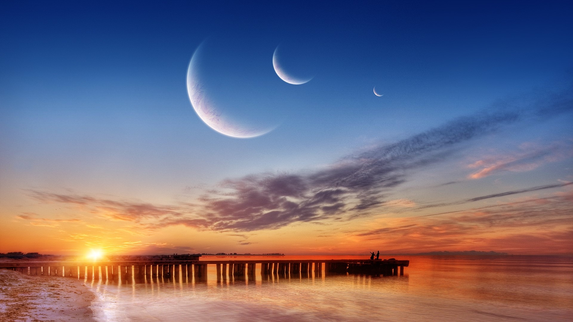 Three moons over a pier at sunset HD Wallpaper