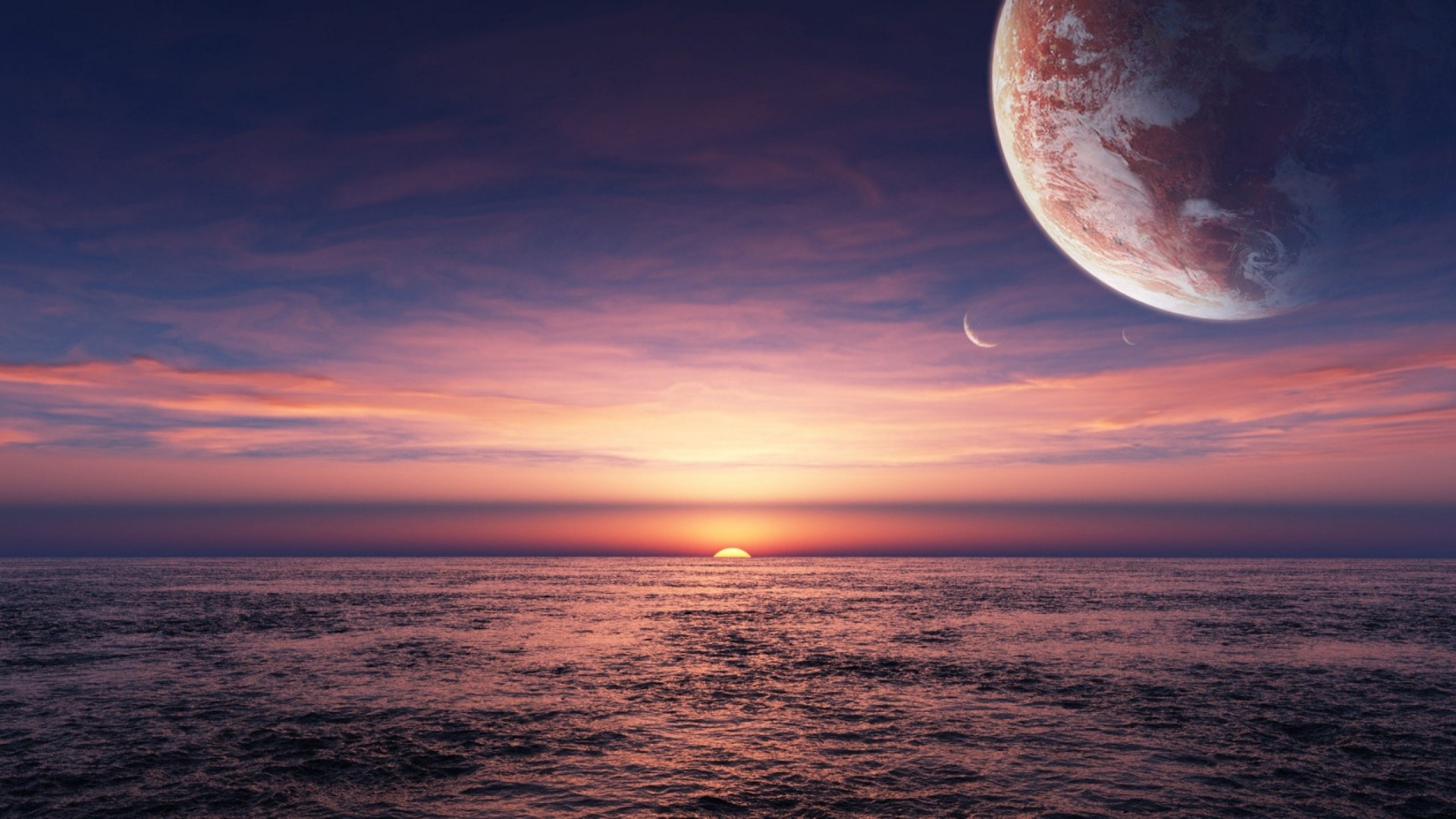 Fantasy planet and moons over ocean sunset HD Wallpaper