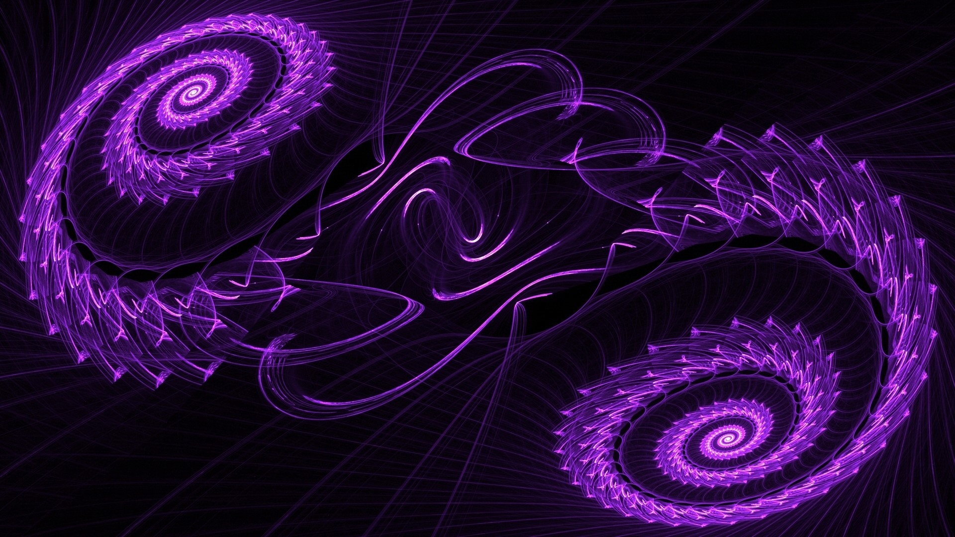 Purple fractal spirals on a black background HD Wallpaper
