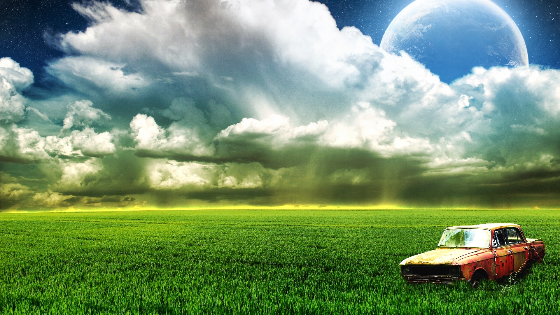 Old car in a field under a large moon and clouds HD Wallpaper