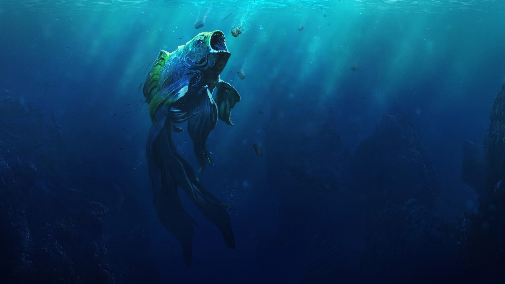Giant monster fish in deep blue ocean HD Wallpaper