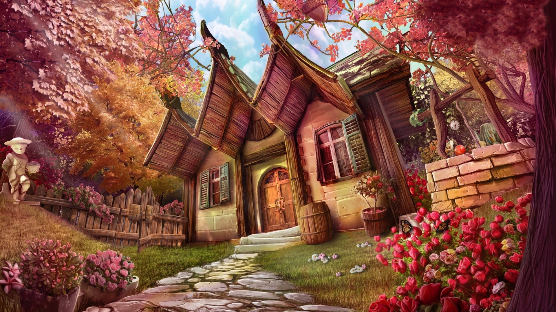 House of Flowers with a stone path HD Wallpaper