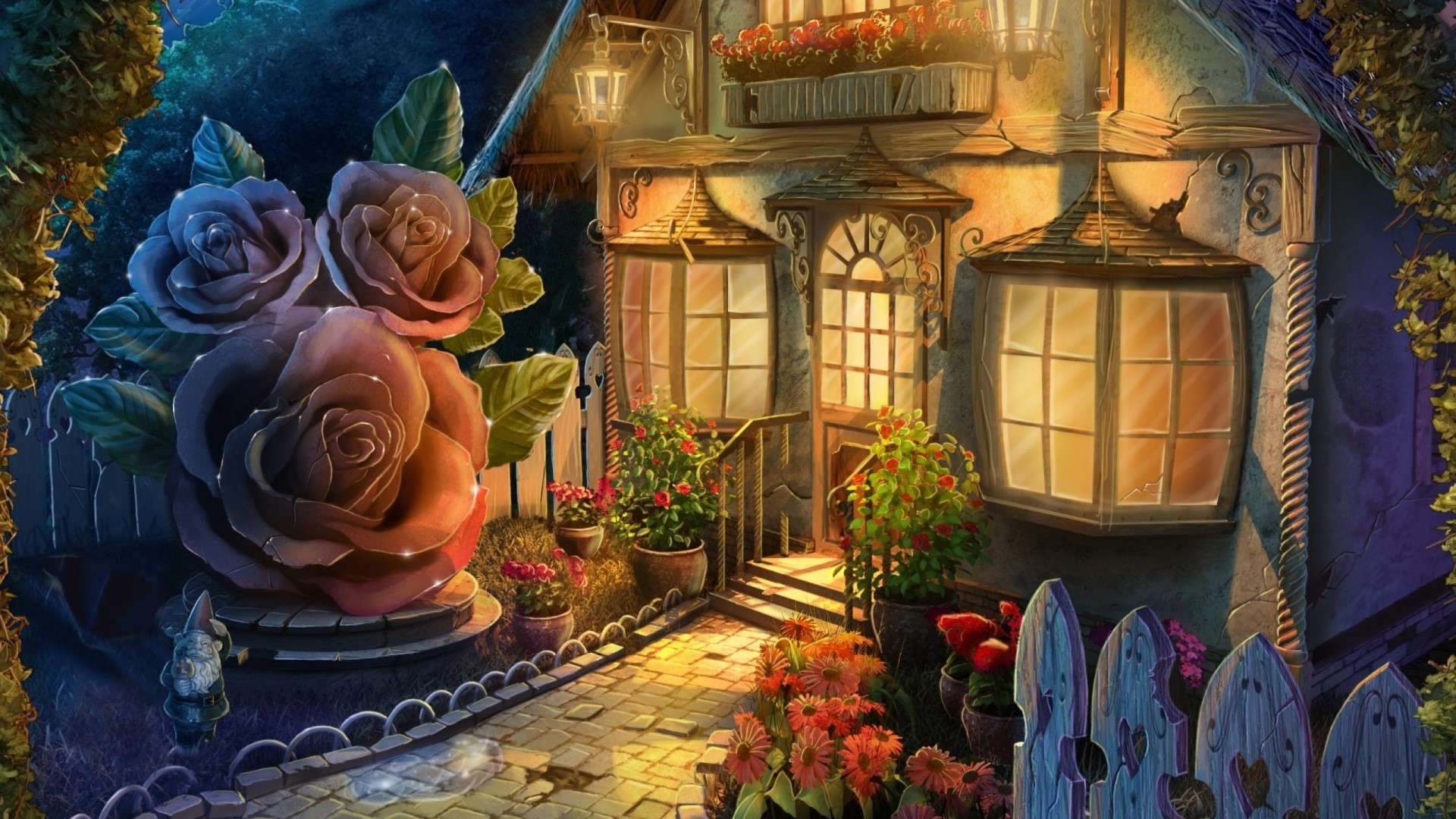 Fantasy house with large roses and flowers HD Wallpaper