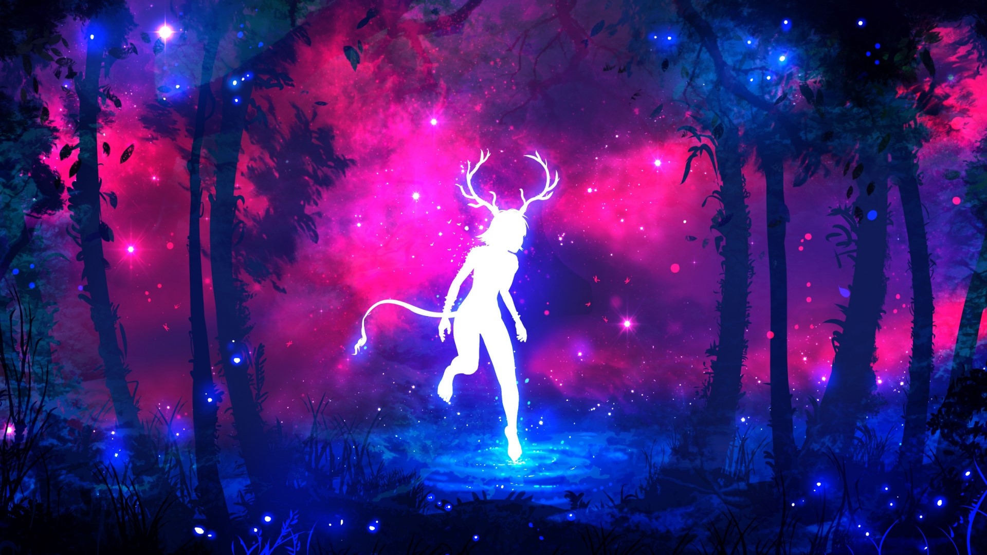 Fantasy creature with antlers in a glowing forest HD Wallpaper