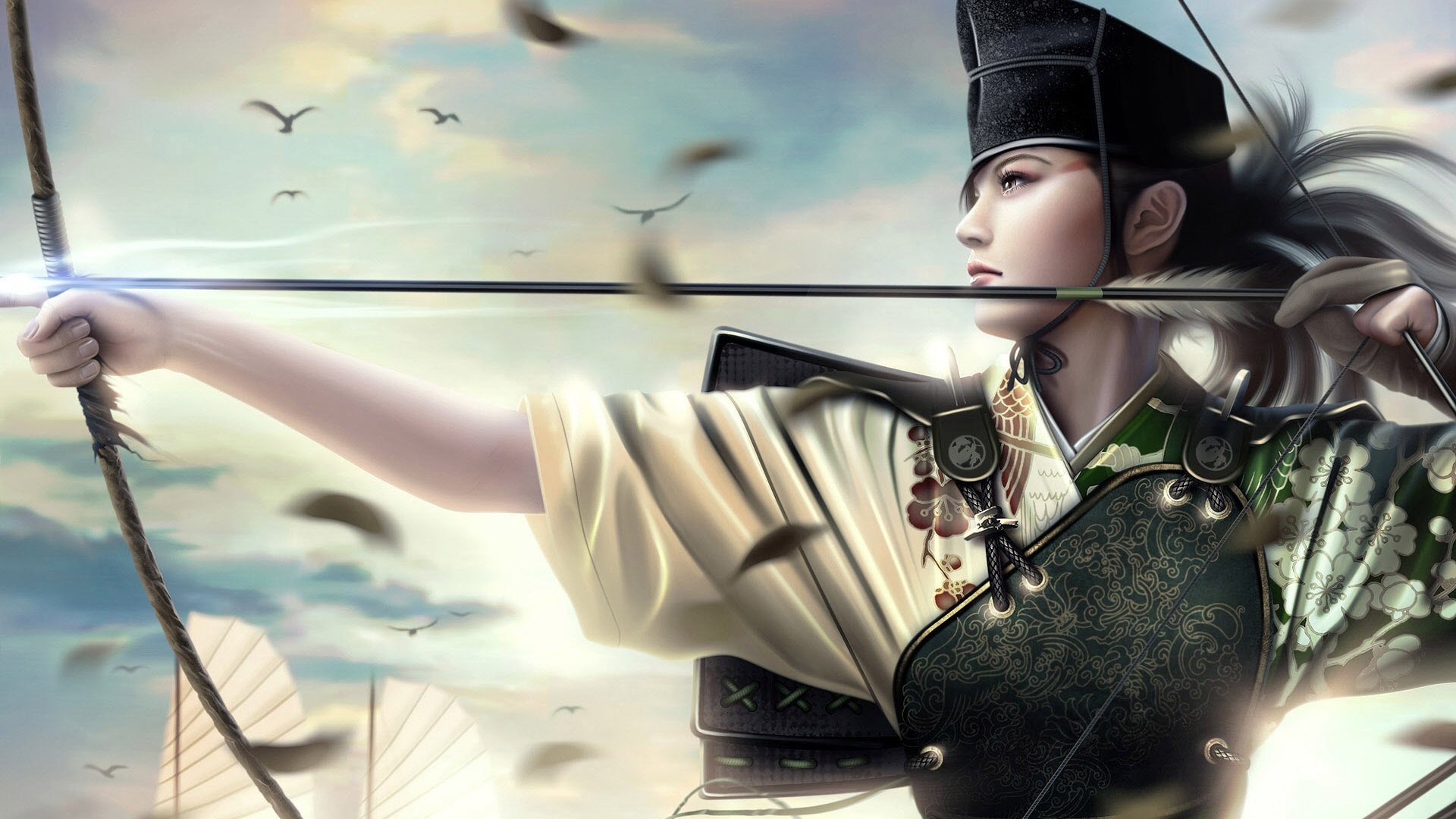 Woman archer aiming bow and arrow HD Wallpaper