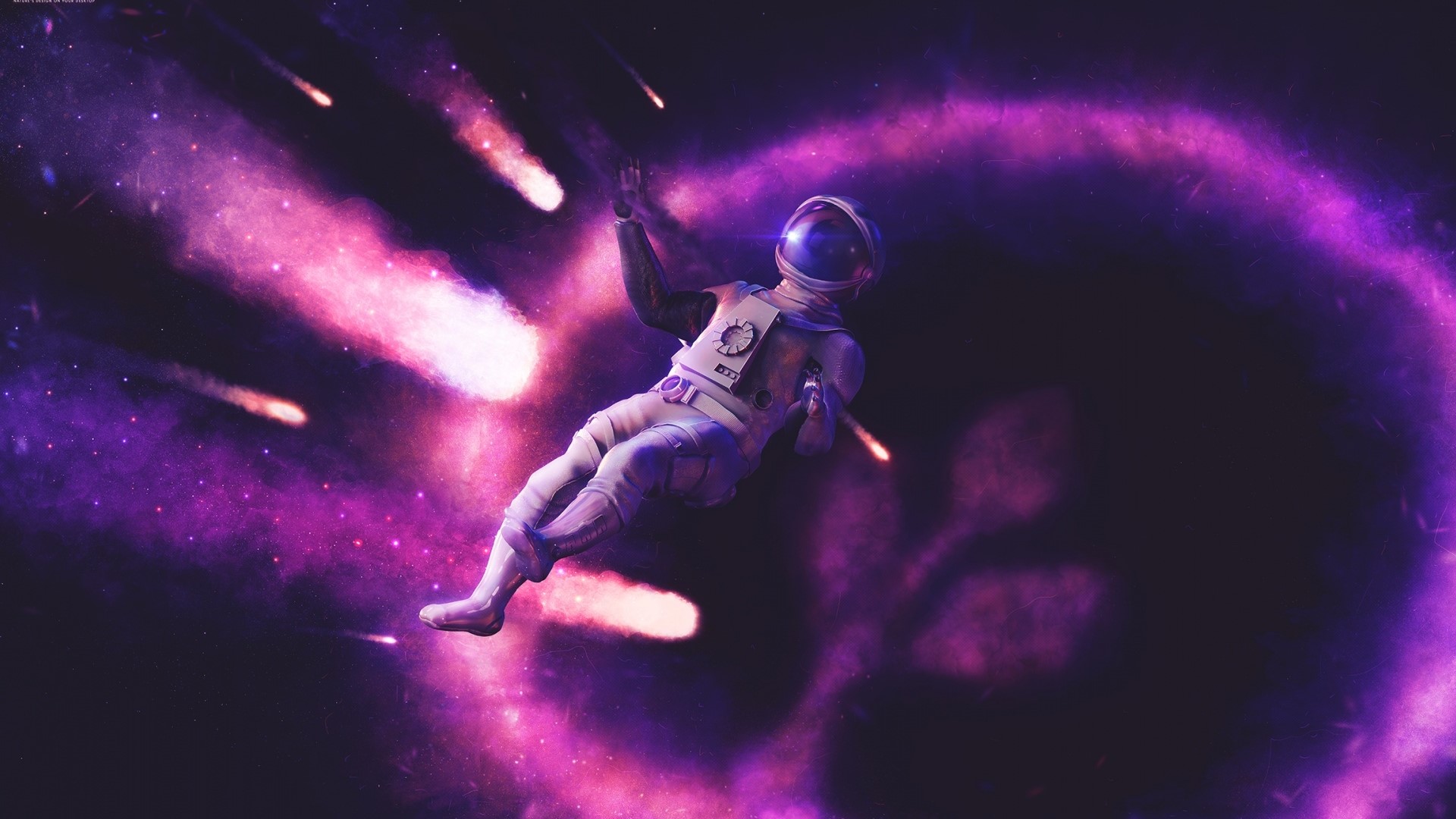 Astronaut floating in space with comets HD Wallpaper