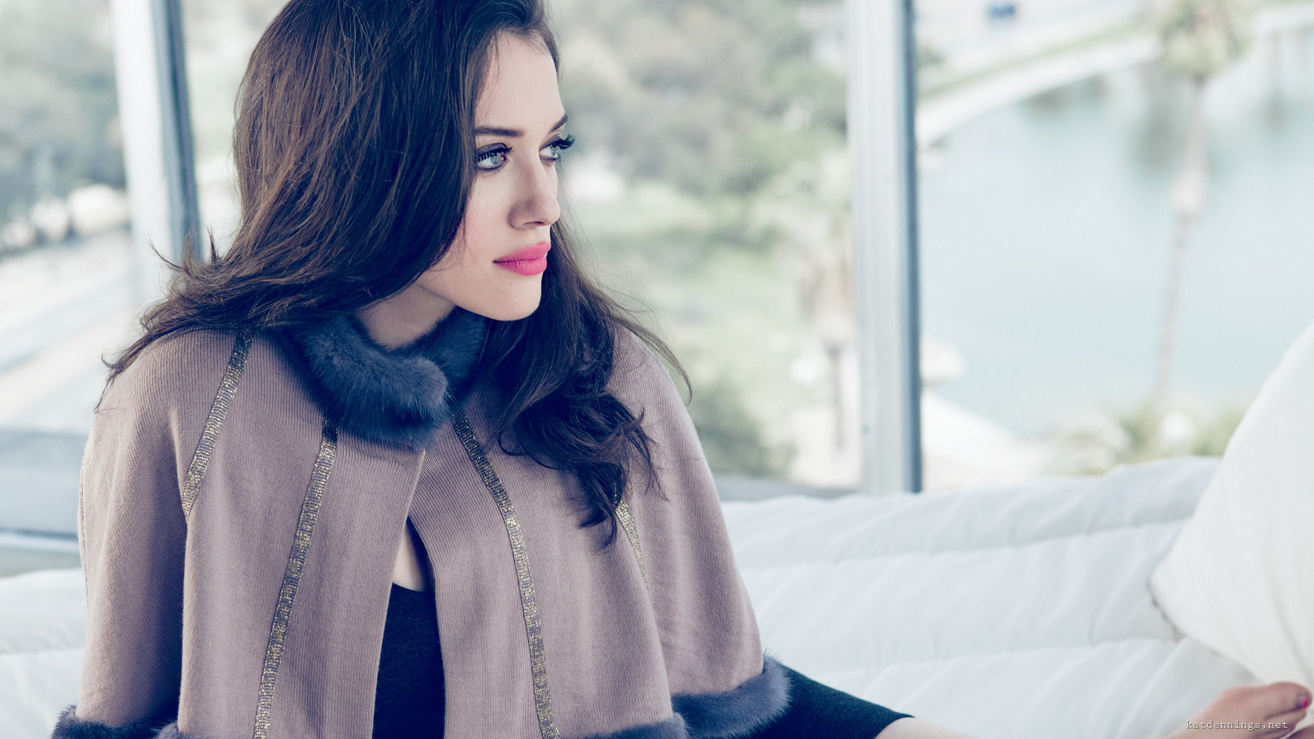 Kat Dennings in a fur-trimmed cape HD Wallpaper