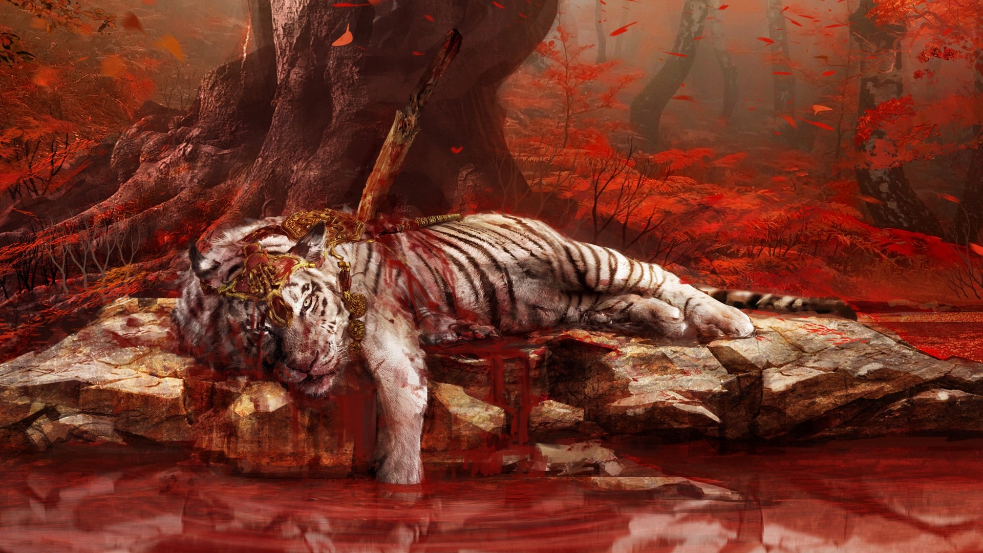 Dead tiger in a bloody forest from Far Cry 4 HD Wallpaper