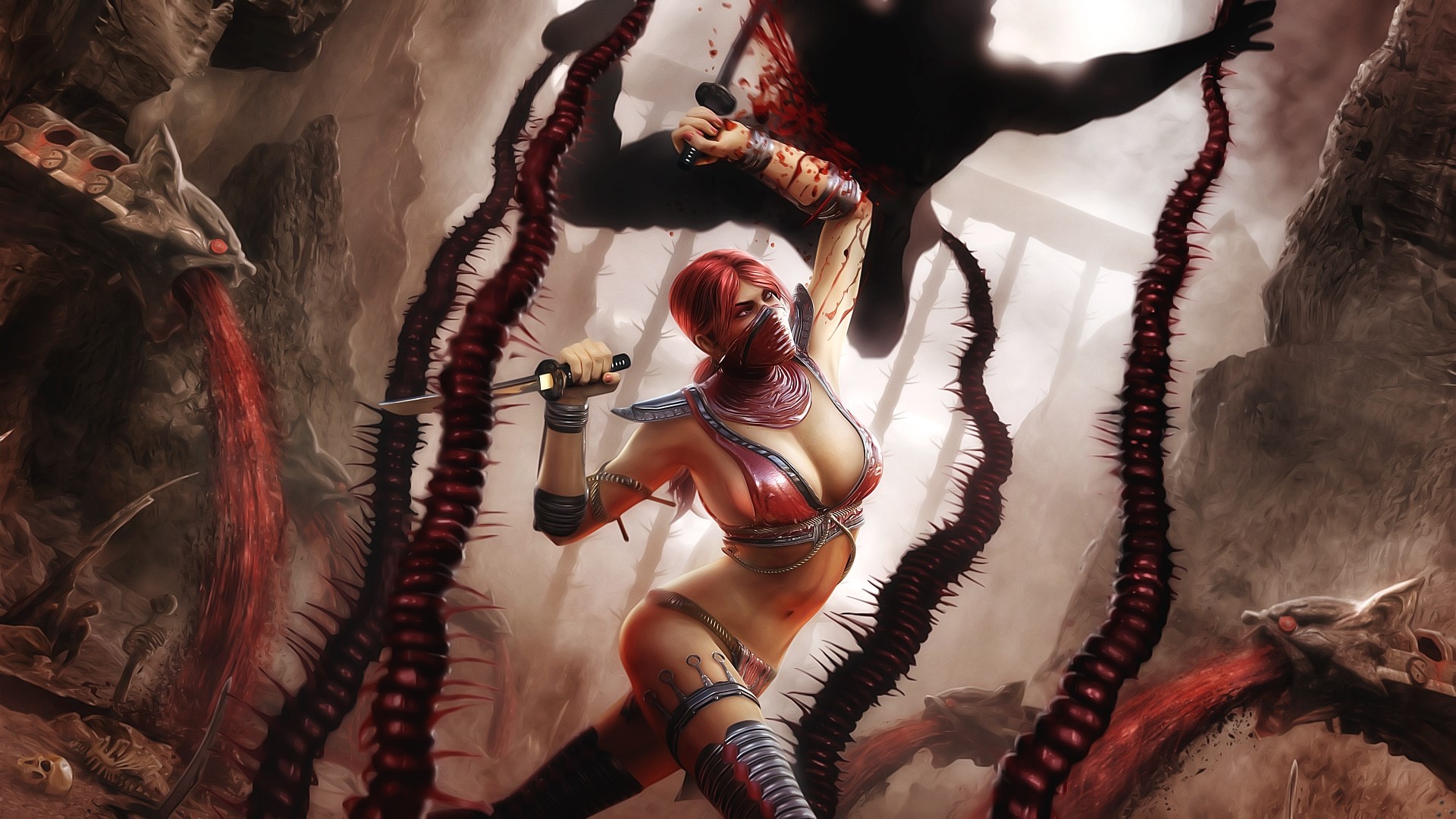 Skarlet from Mortal Kombat fighting in a bloody arena HD Wallpaper