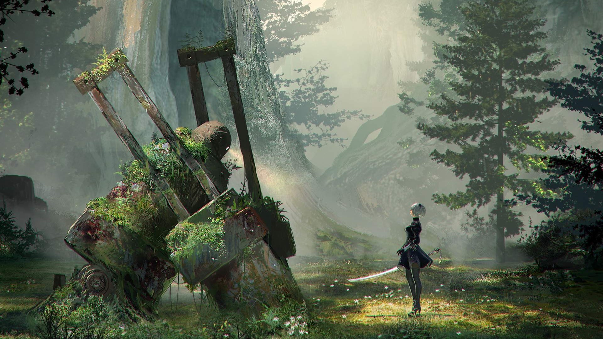 2B from Nier Automata in a forest HD Wallpaper