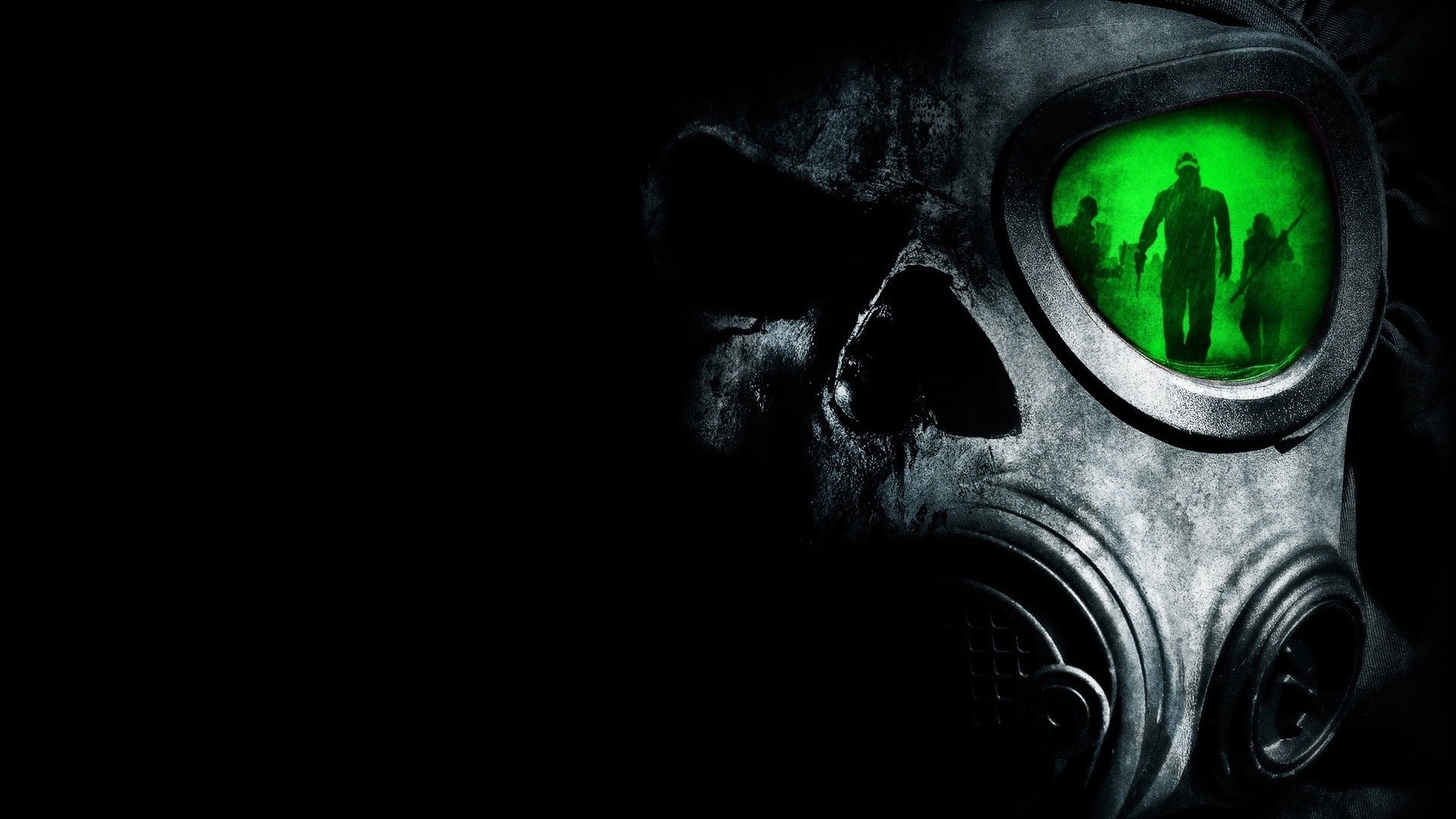 Skull Gas Mask with Figures in Green Lens HD Wallpaper