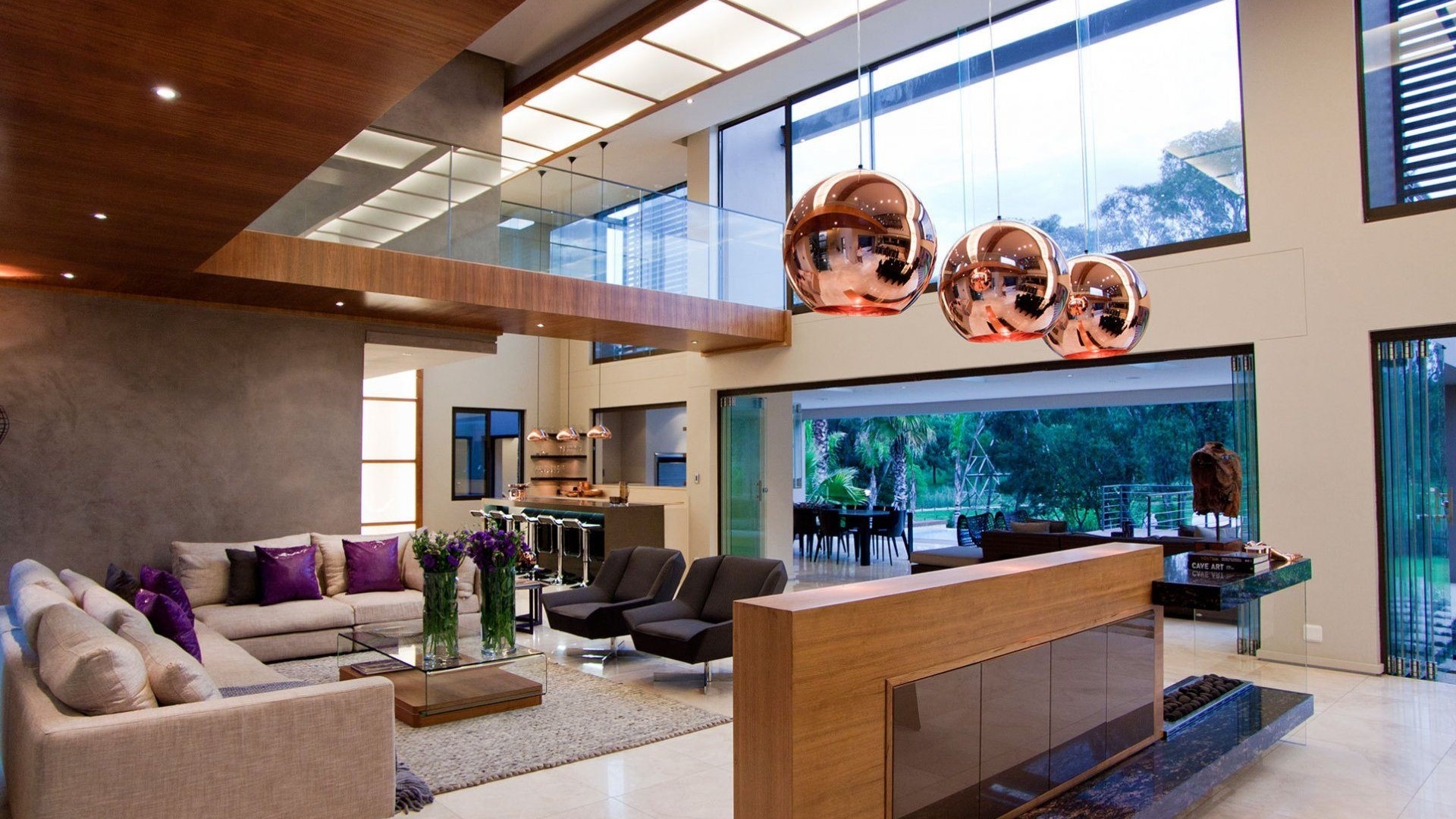 Modern luxury living room with copper pendant lights HD Wallpaper