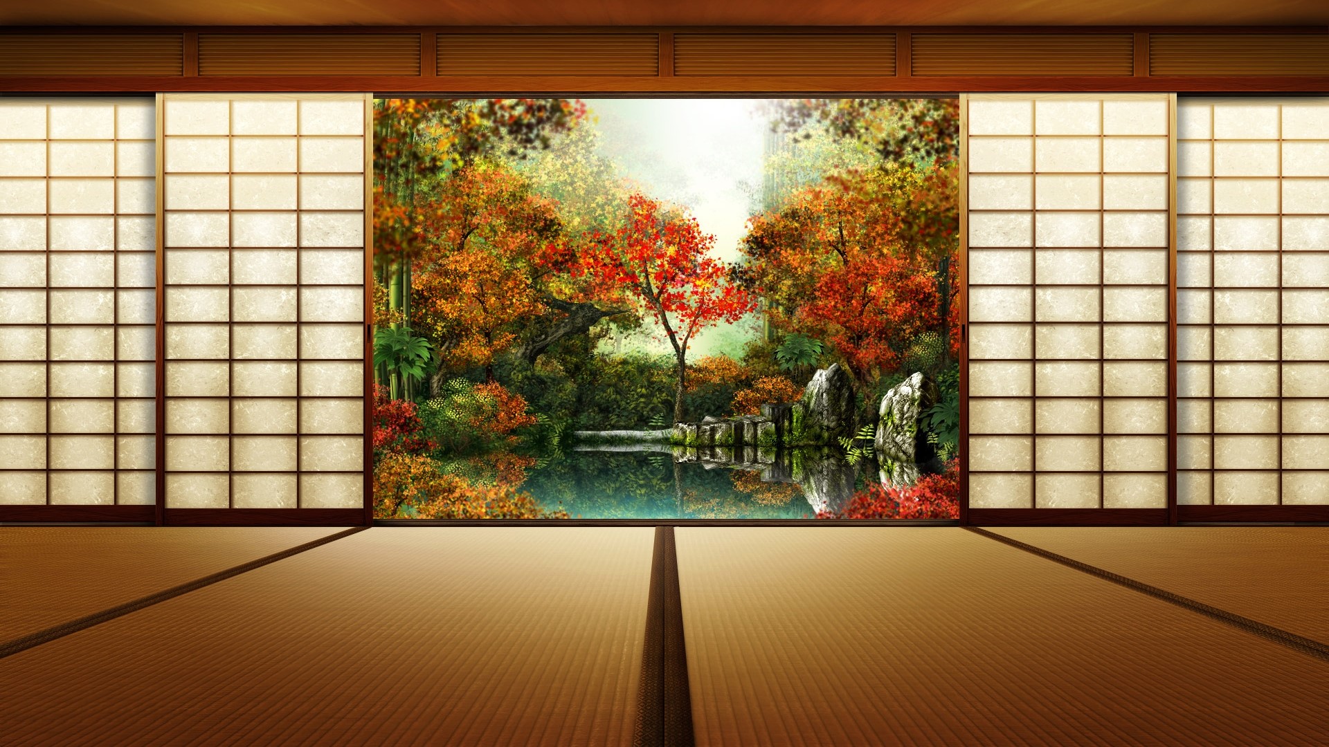 Japanese Garden with Autumn Foliage HD Wallpaper