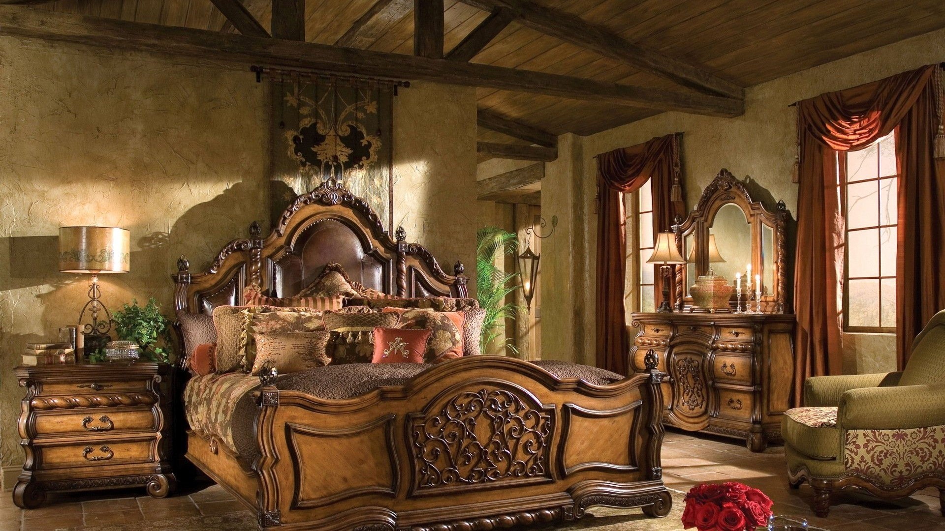 Luxury wood bedroom with ornate furniture HD Wallpaper