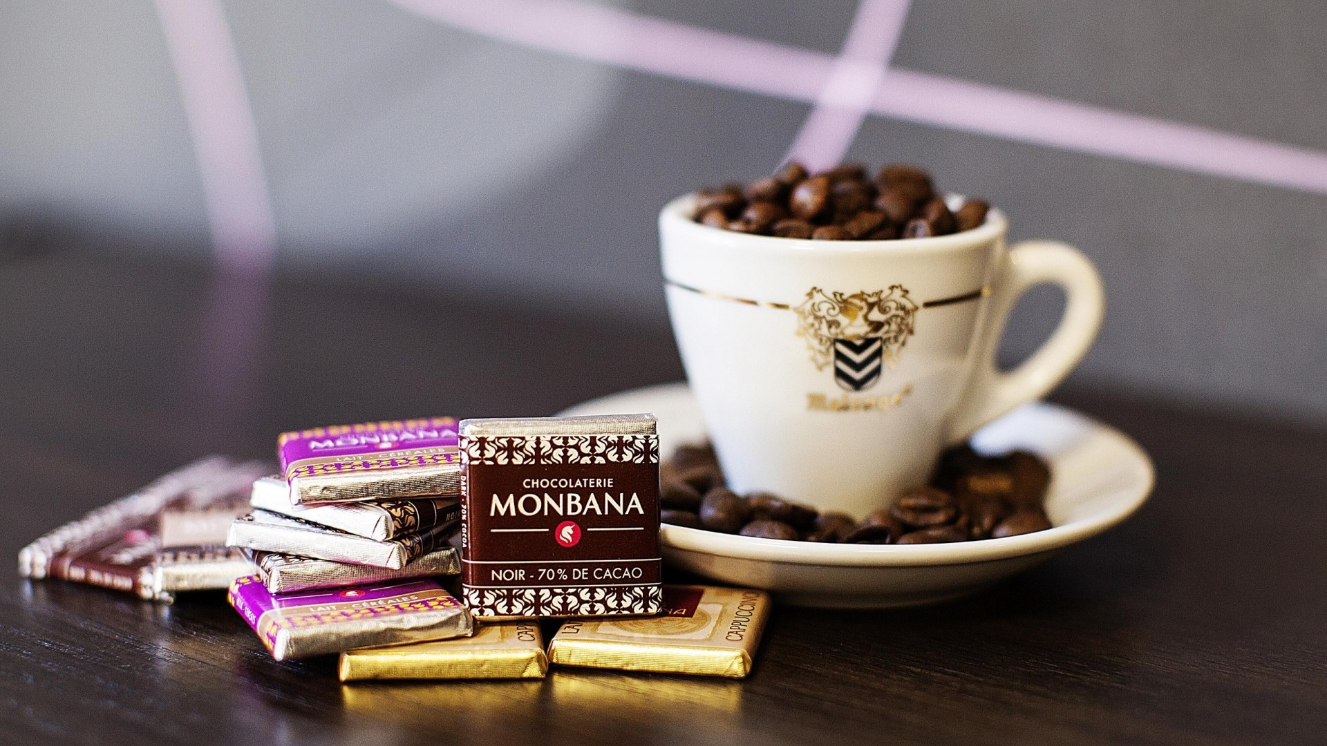 Monbana Chocolates and Coffee Beans in a Cup HD Wallpaper