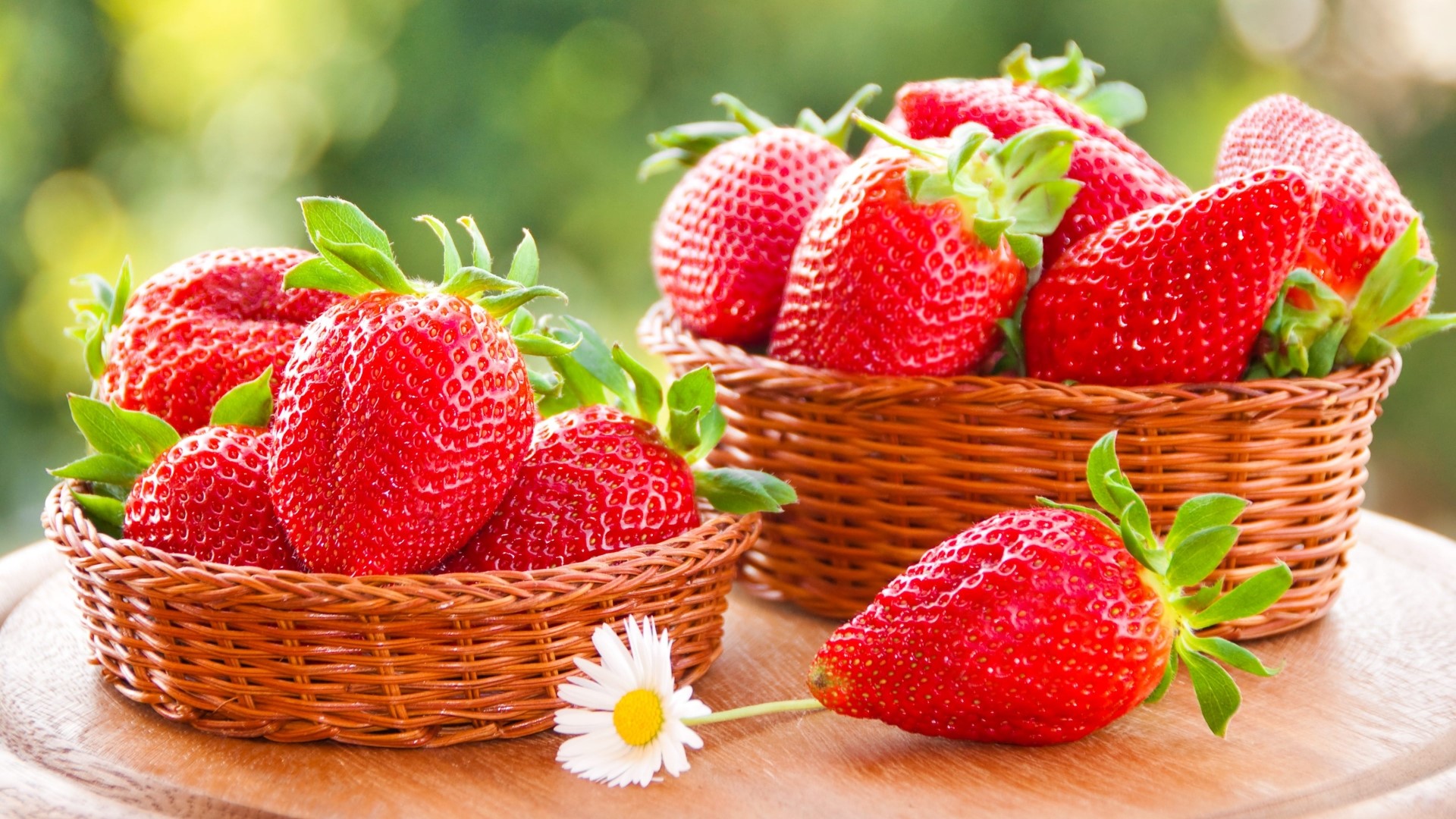 Strawberries in woven baskets with a daisy HD Wallpaper