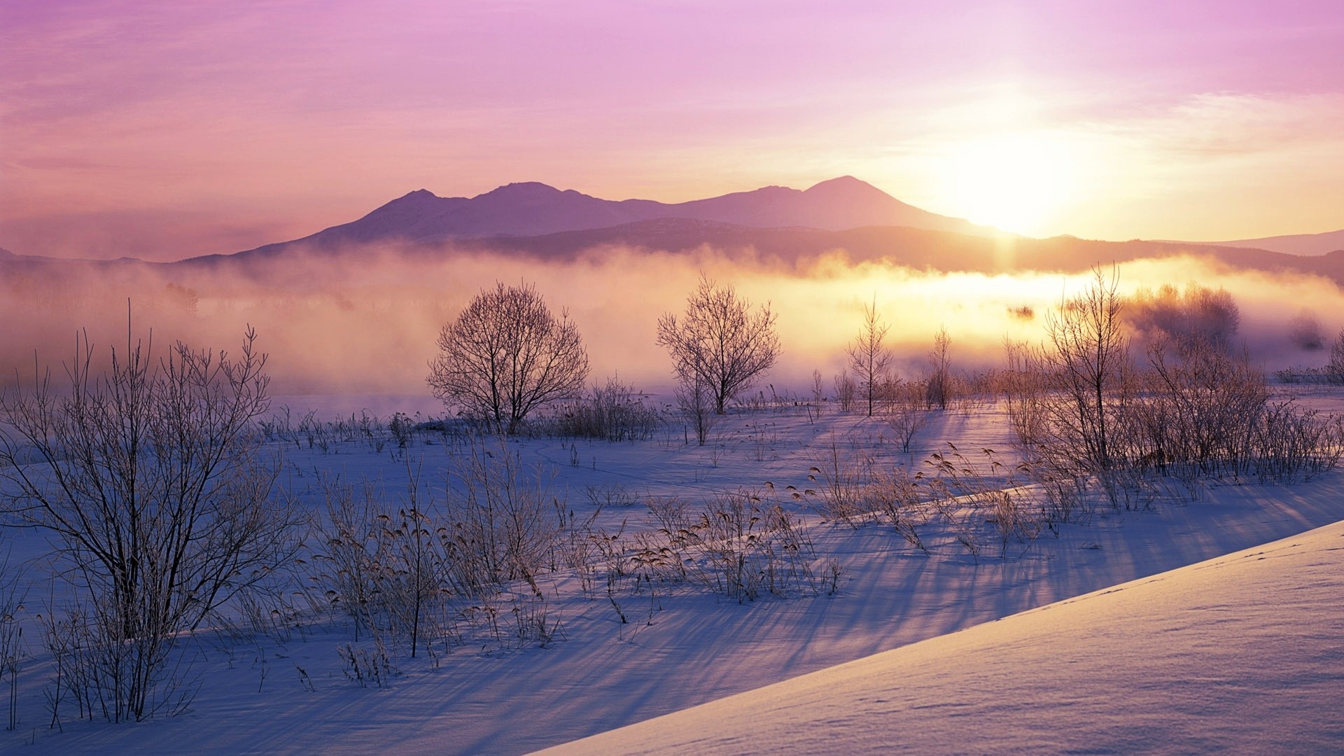 Snowy landscape at dawn with mountains and mist HD Wallpaper