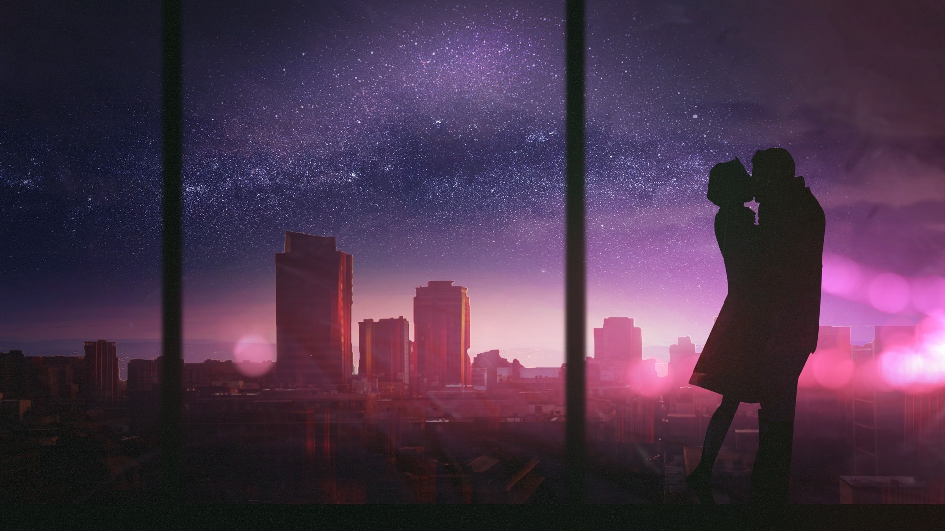 Couple kissing in front of city skyline at night HD Wallpaper