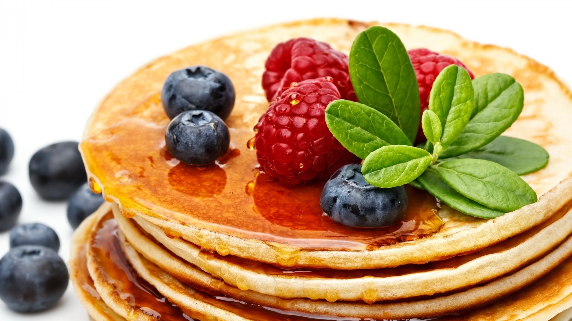Stack of Pancakes with Berries and Syrup HD Wallpaper