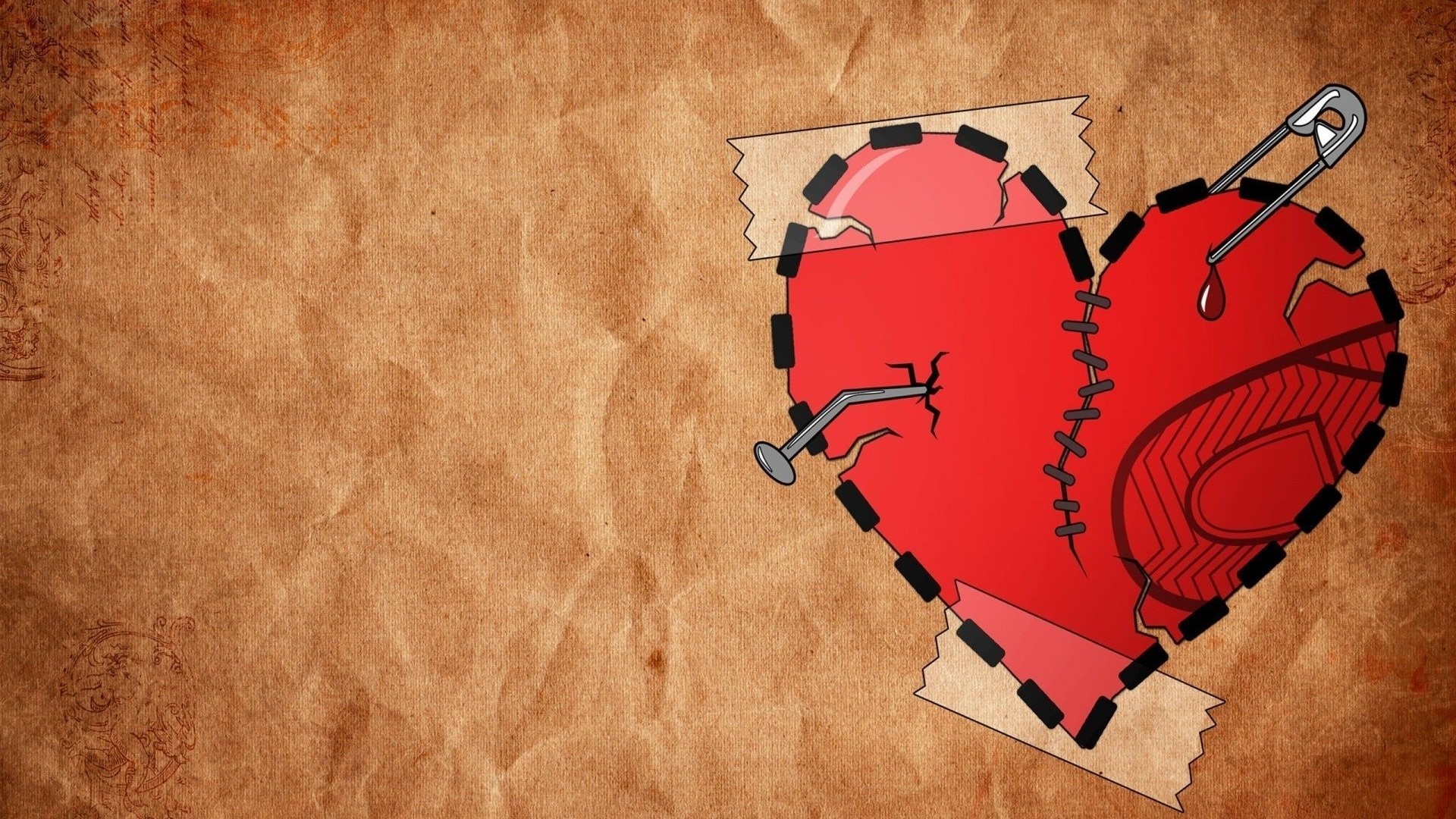 Broken Heart with Nail and Safety Pin HD Wallpaper