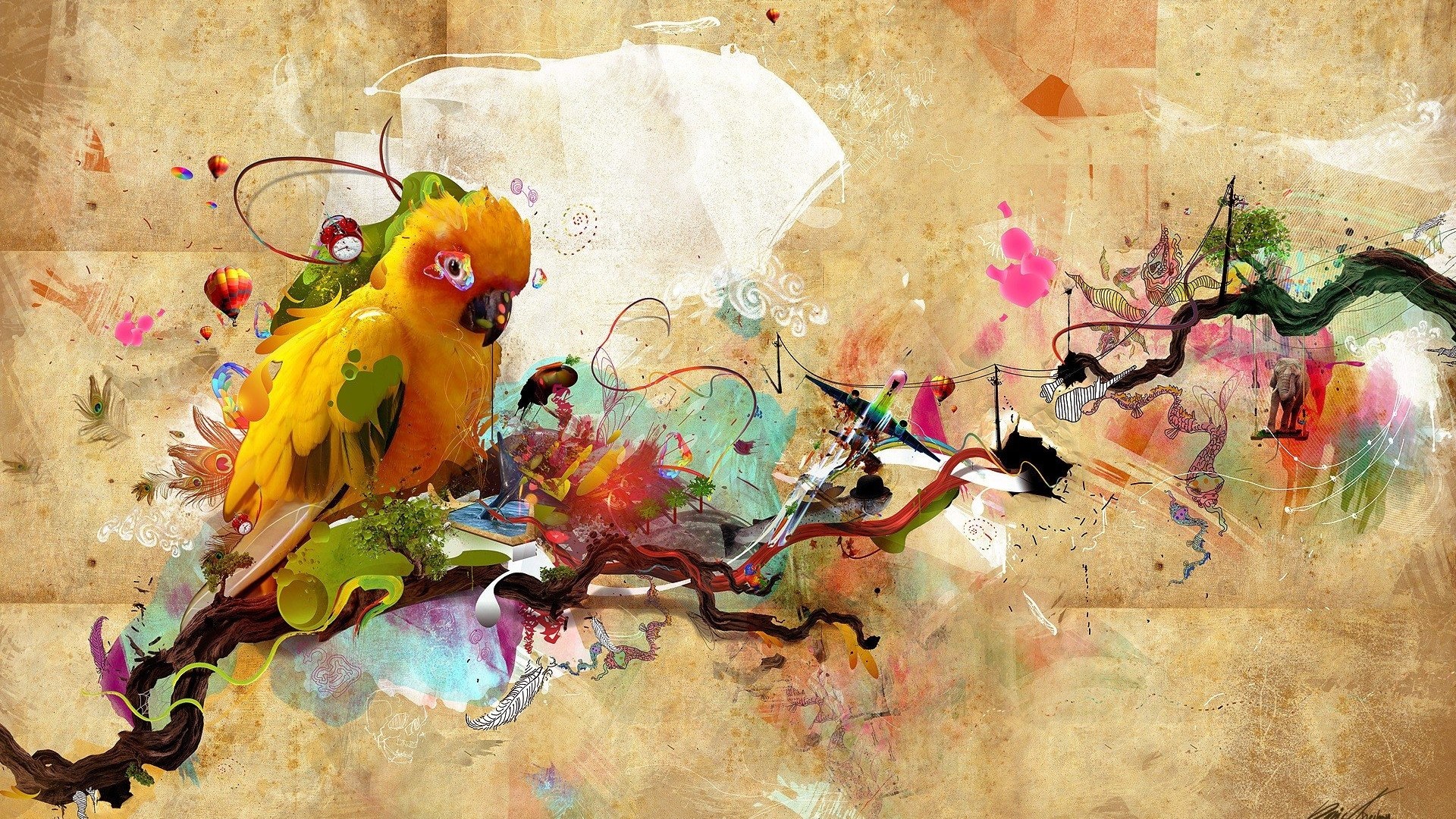 Artistic watercolor abstract with a yellow parrot HD Wallpaper